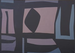 Blue Wall, mid-century abstract expressionist, geometric blue, black & pink work