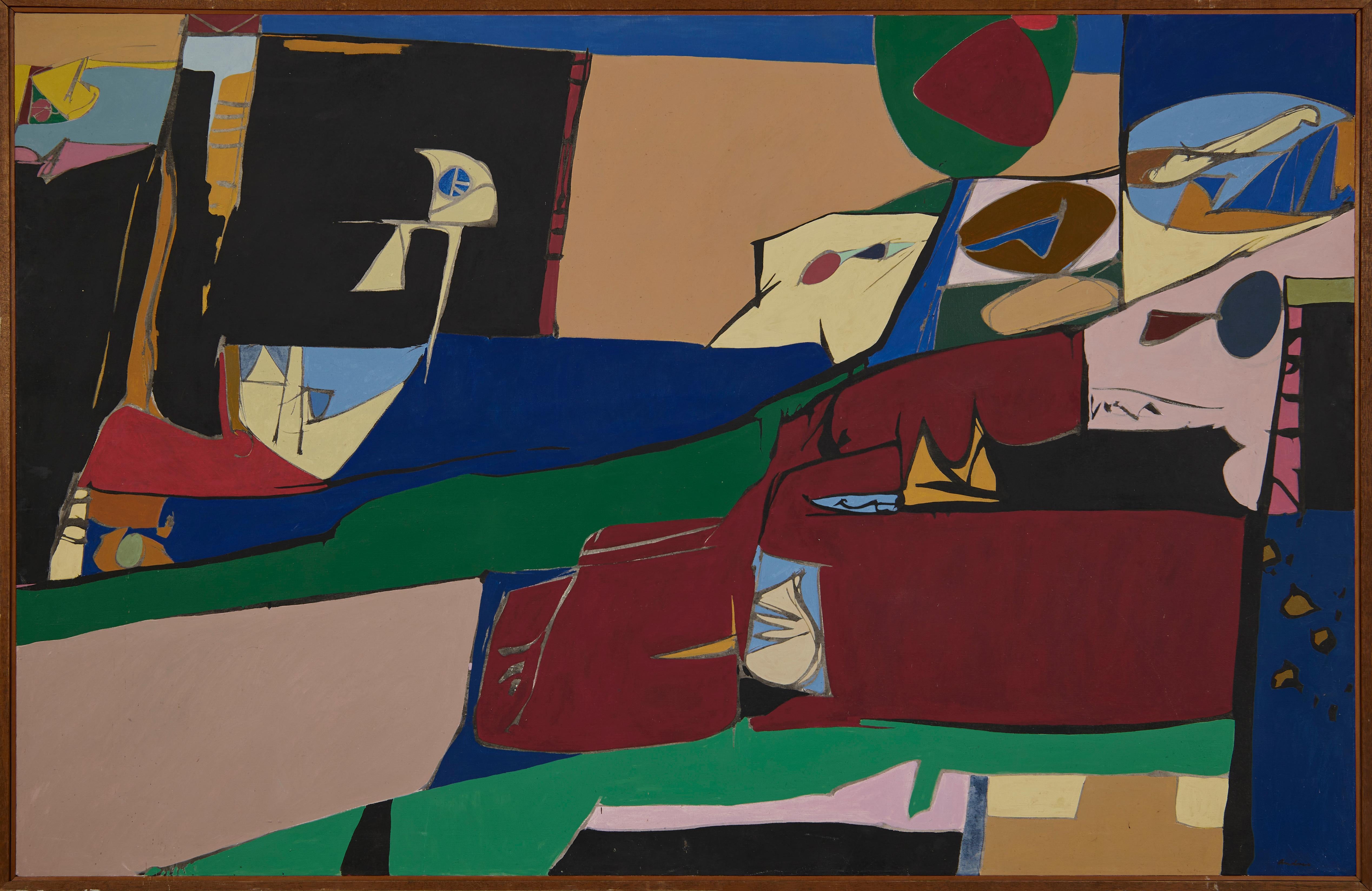 Erie Shore, Large Abstract Expressionist Mid-Century Modern geometric work - Painting by Richard Andres