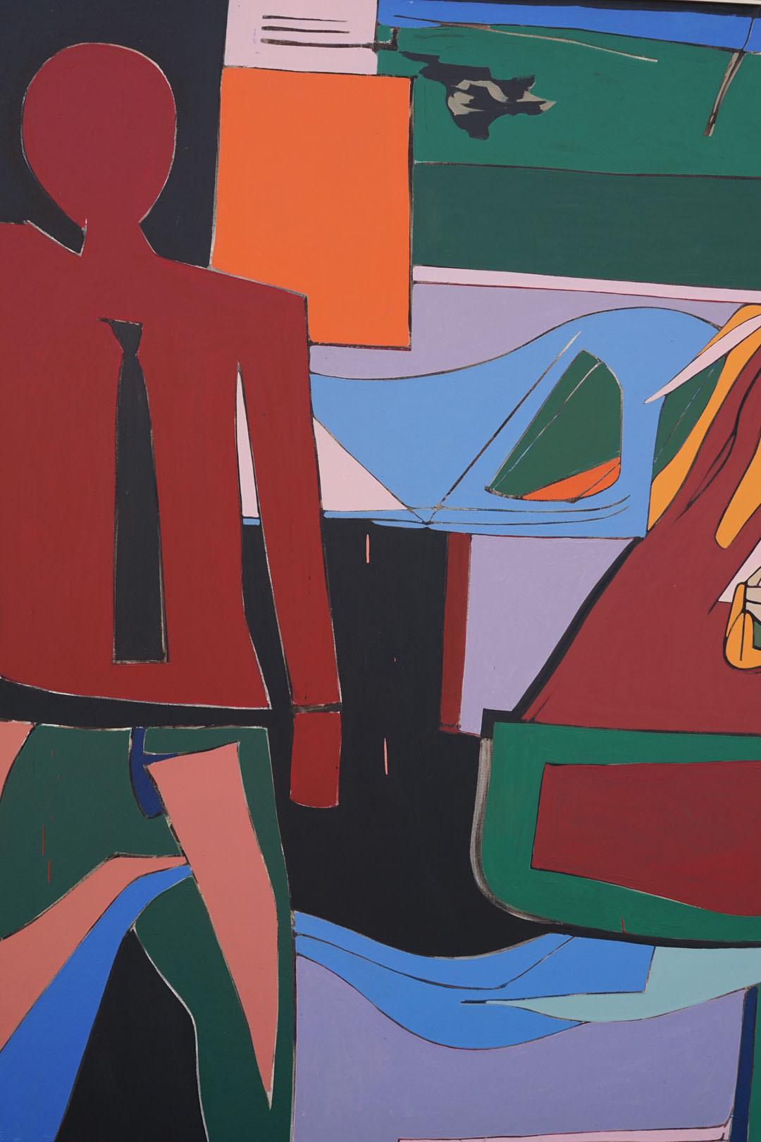 Intérieur, grand et coloré tableau figuratif abstrait en acrylique rouge, orange et bleu représentant un couple - Painting de Richard Andres