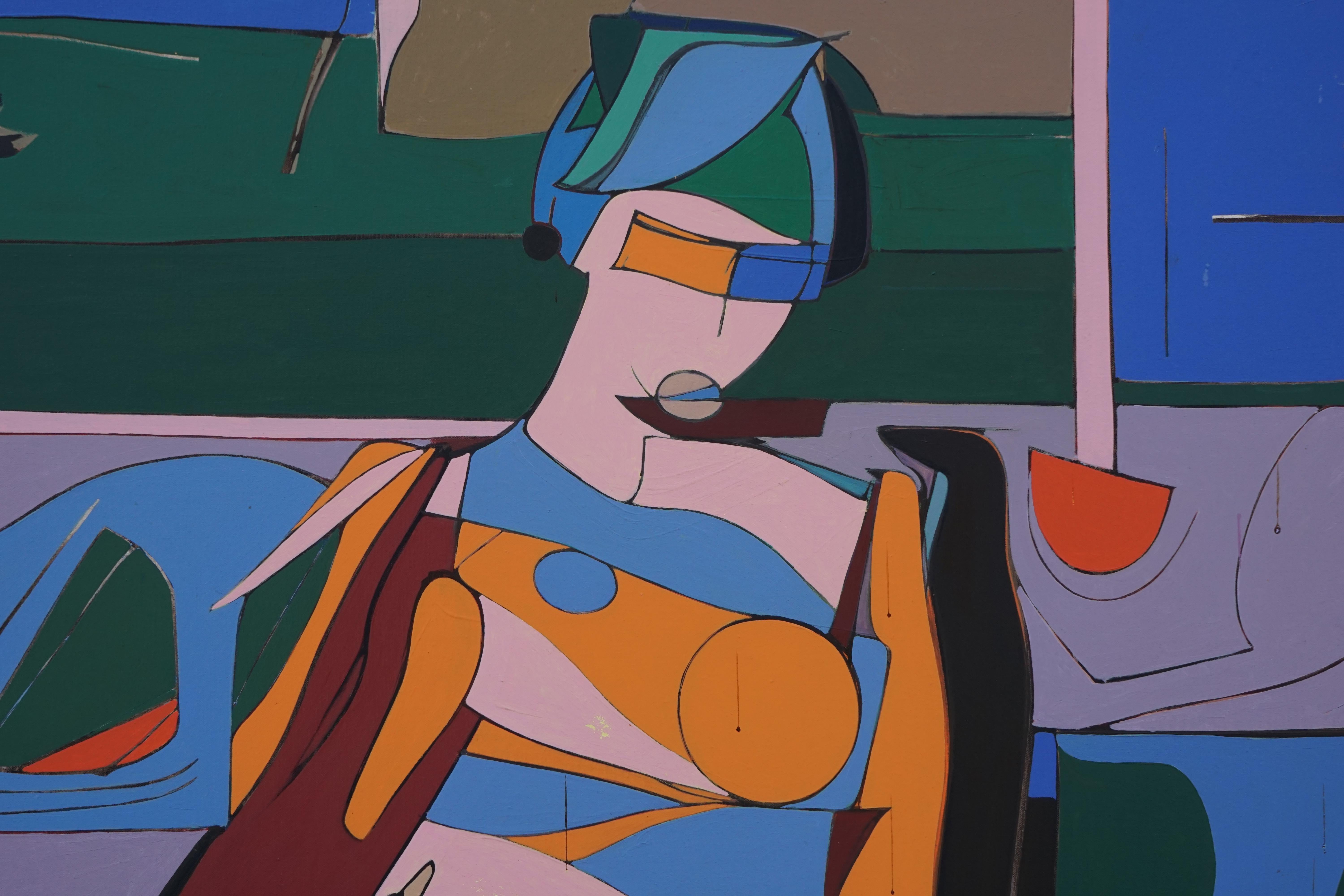 Intérieur, grand et coloré tableau figuratif abstrait en acrylique rouge, orange et bleu représentant un couple - Expressionnisme abstrait Painting par Richard Andres