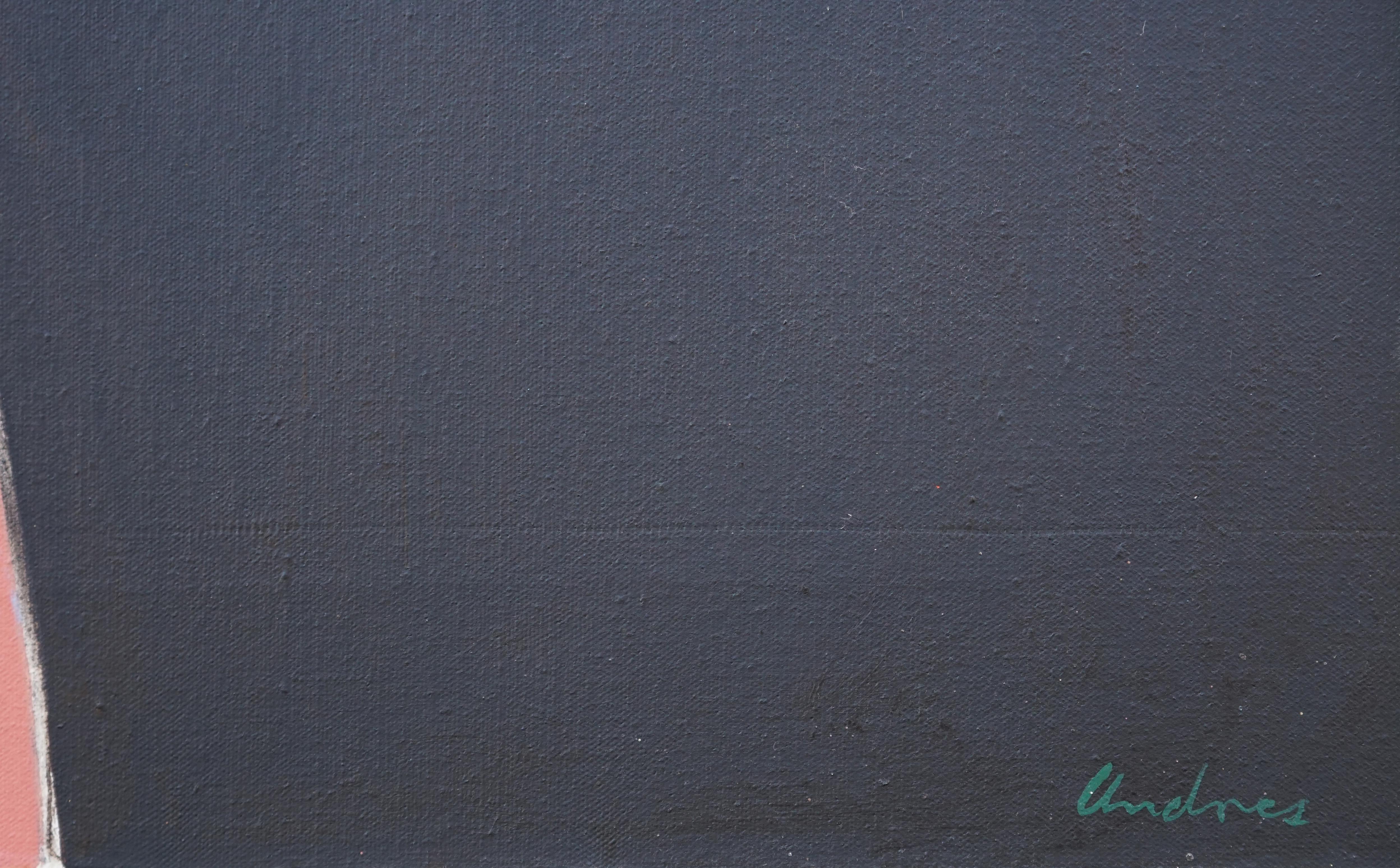 Interno, grande, colorato astratto figurato in acrilico rosso, arancione, blu di coppia - Abstract Painting Nero di Richard Andres