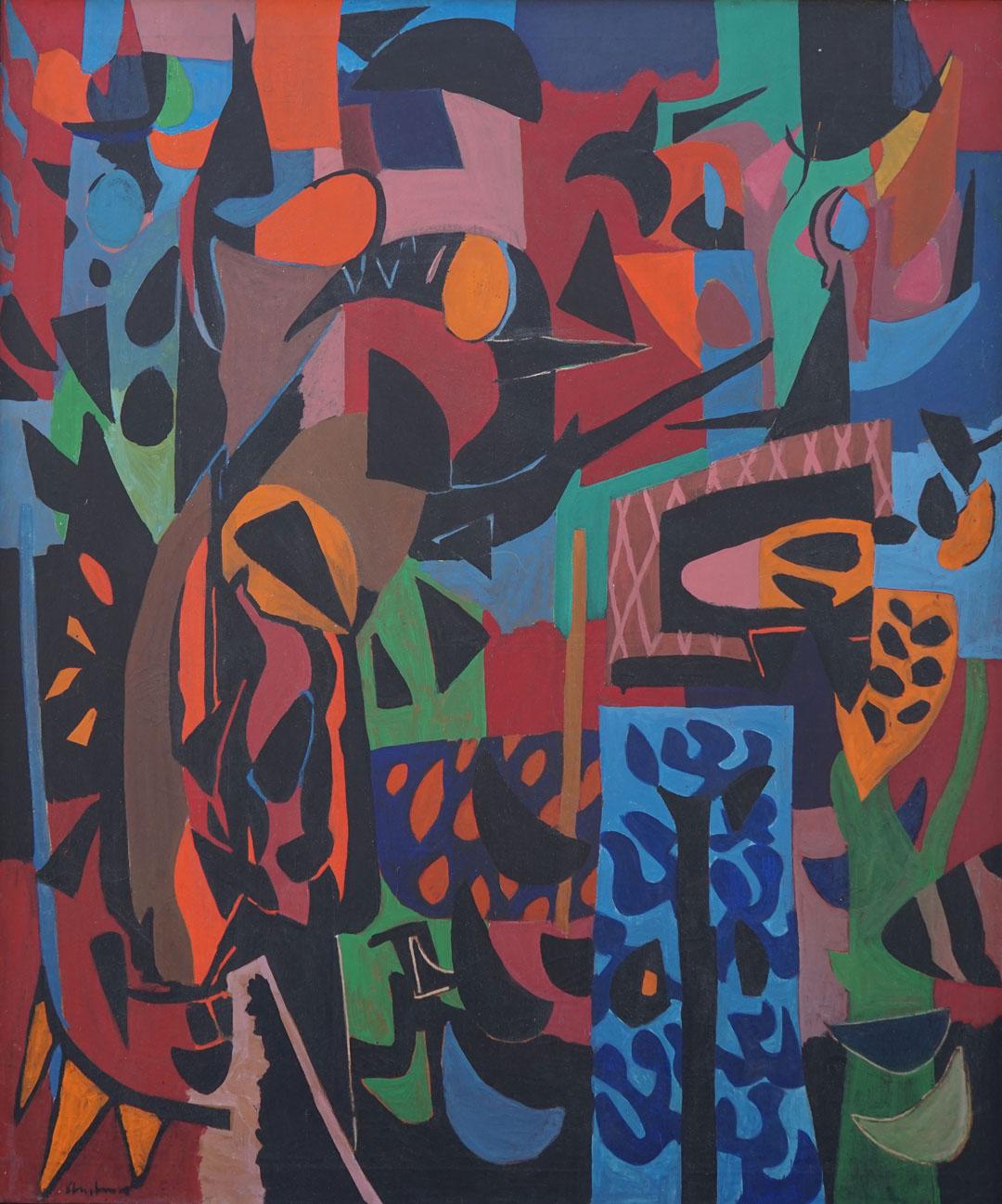 Richard Andres Interior Painting - Magic Garden, vibrant mid-century abstract expressionist colorful geometric work