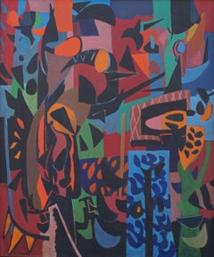 Retro Magic Garden, vibrant mid-century abstract expressionist colorful geometric work