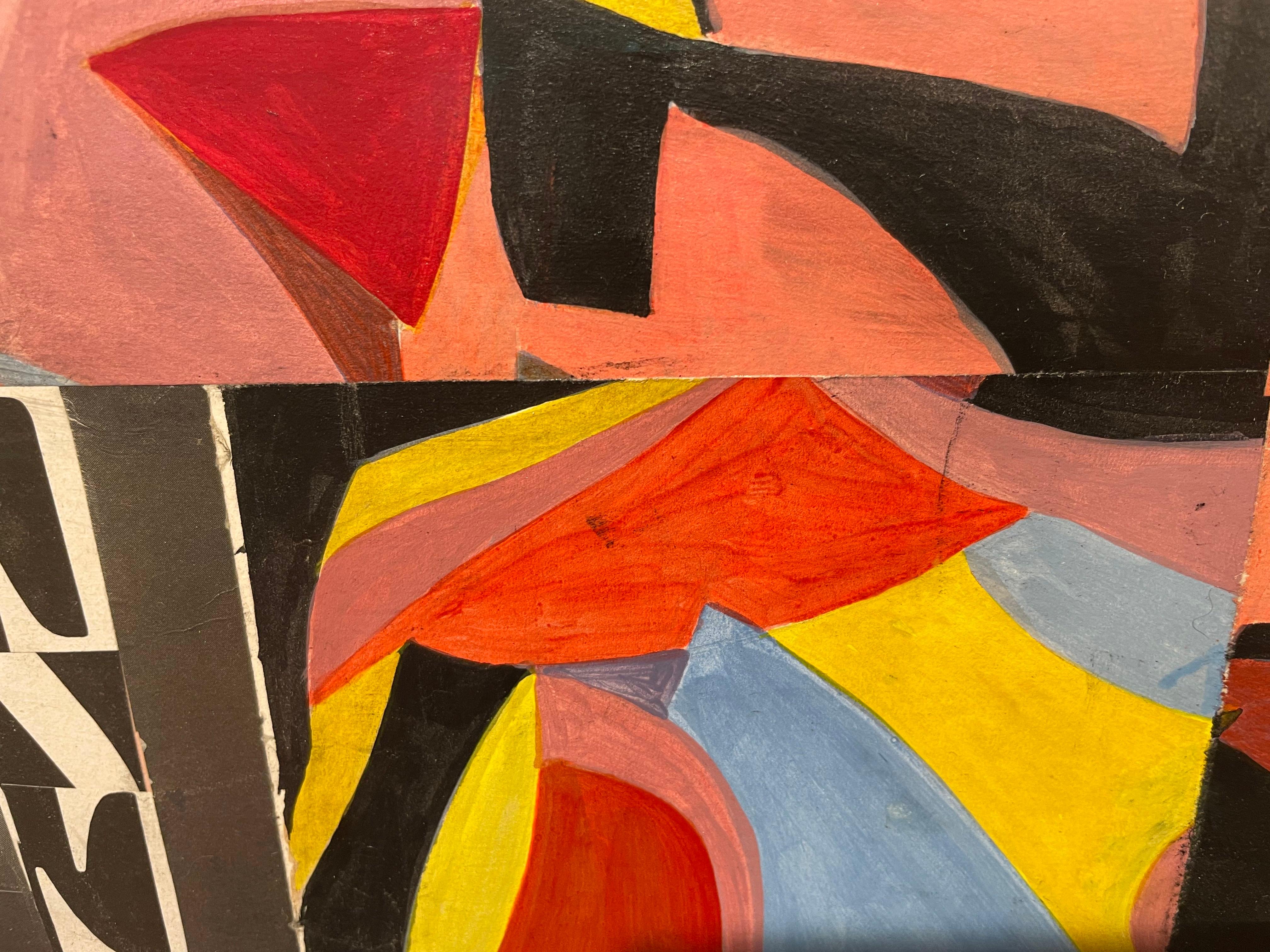 Pieces Collage, vibrant mid-century abstract expressionist black, pink & red For Sale 3