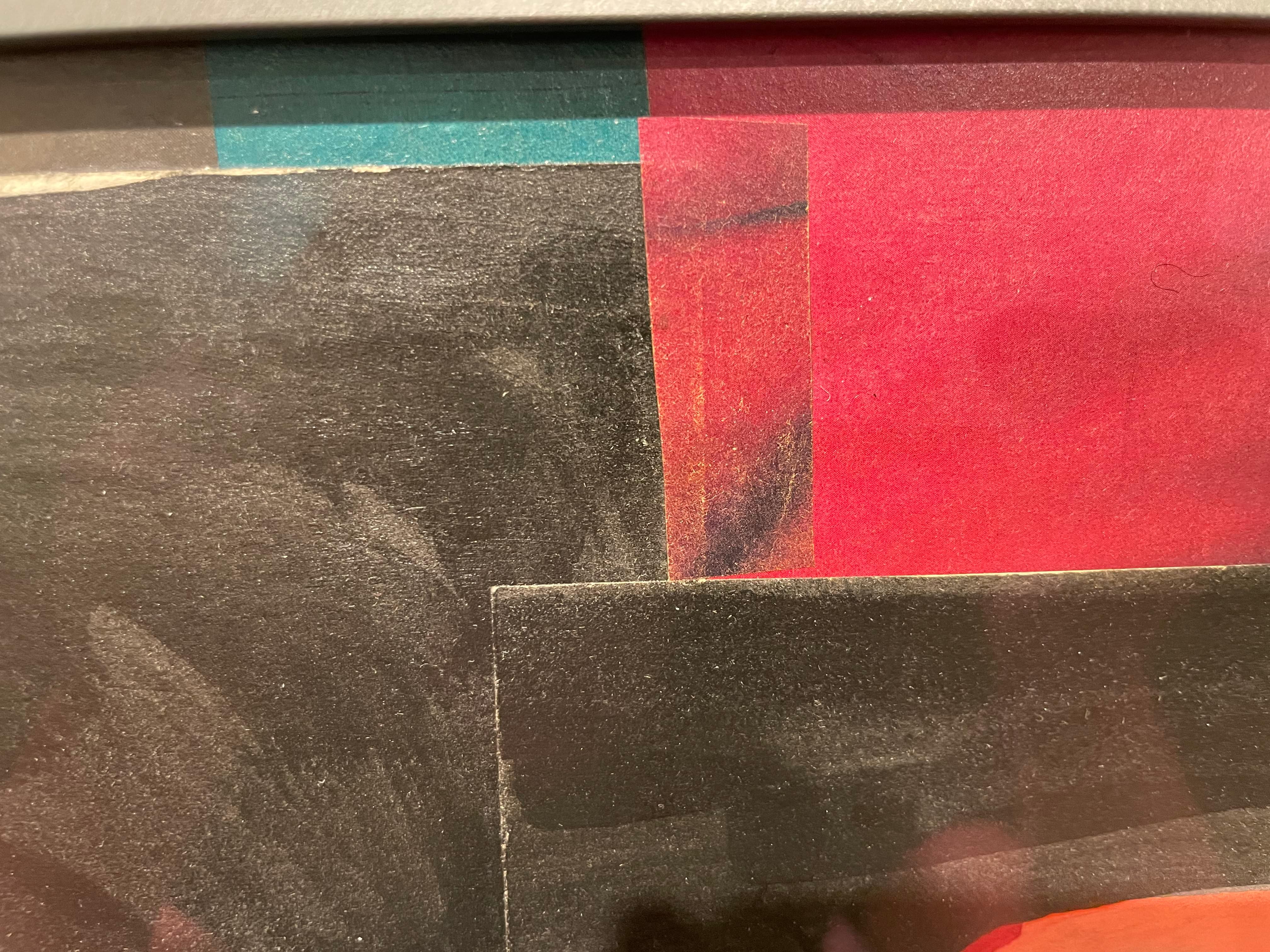 Pieces Collage, vibrant mid-century abstract expressionist black, pink & red For Sale 4