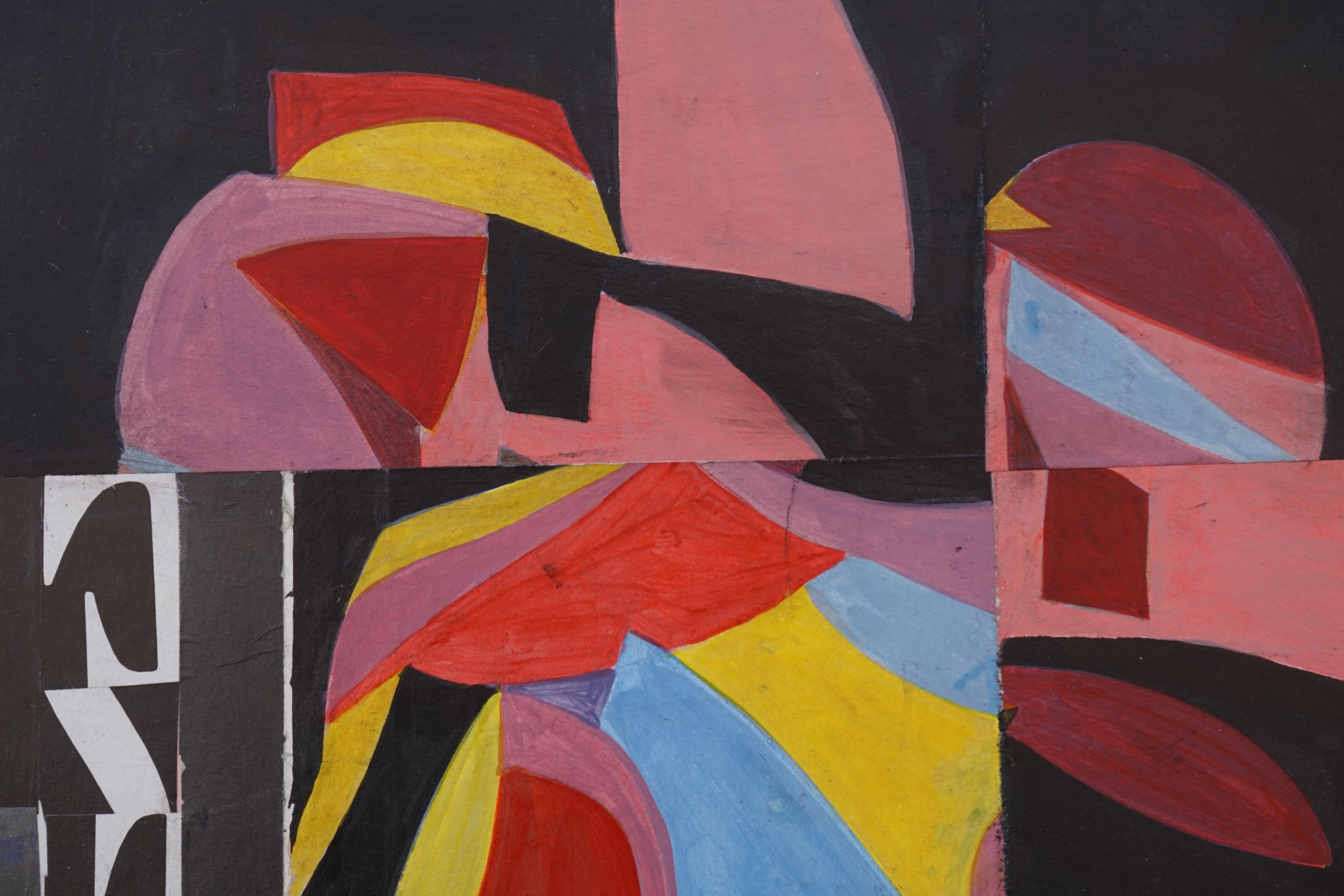 Pieces Collage, vibrant mid-century abstract. expressionist black, pink & red  - Painting by Richard Andres