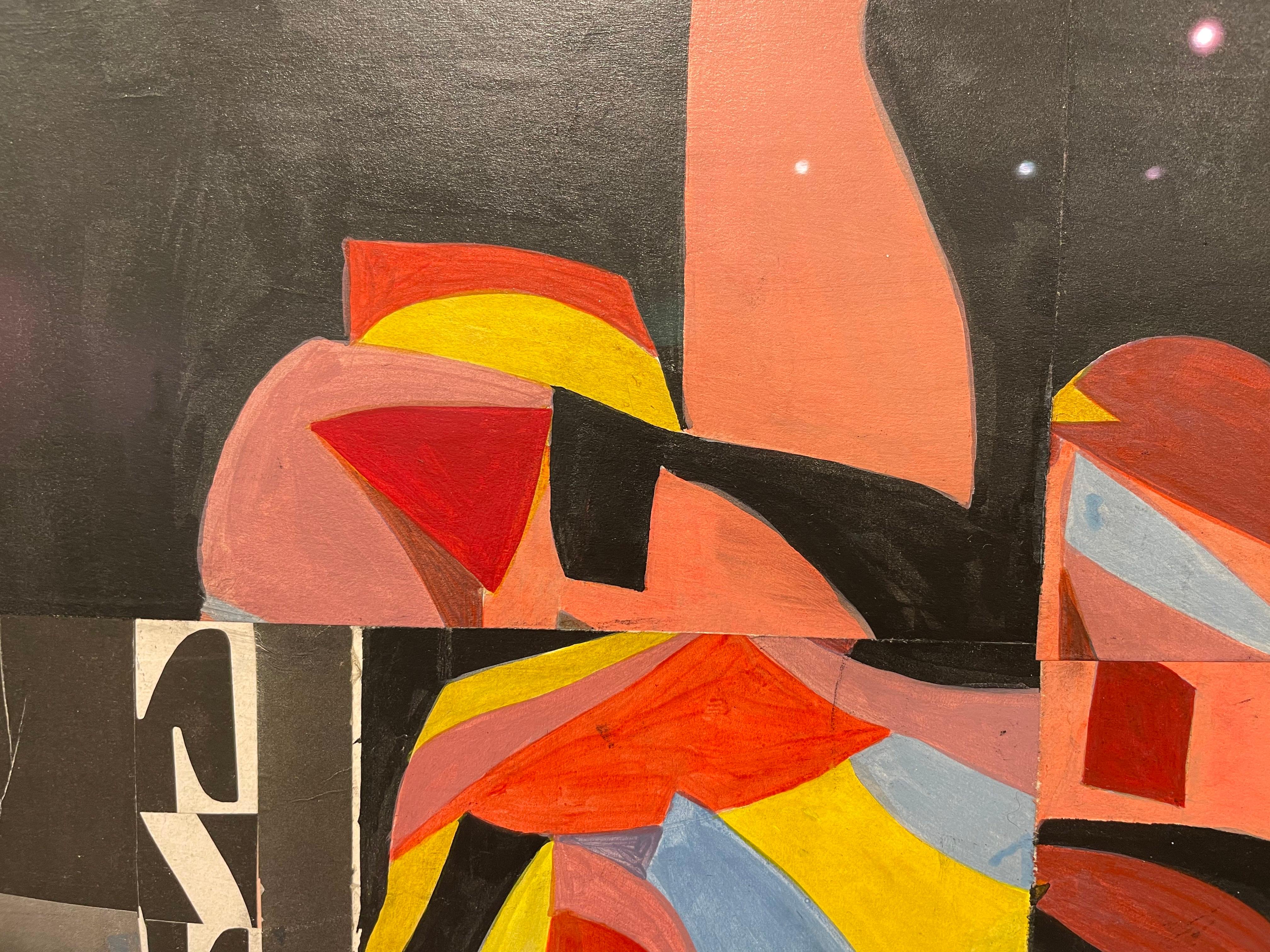 Pieces Collage, vibrant mid-century abstract expressionist black, pink & red - Black Abstract Painting by Richard Andres