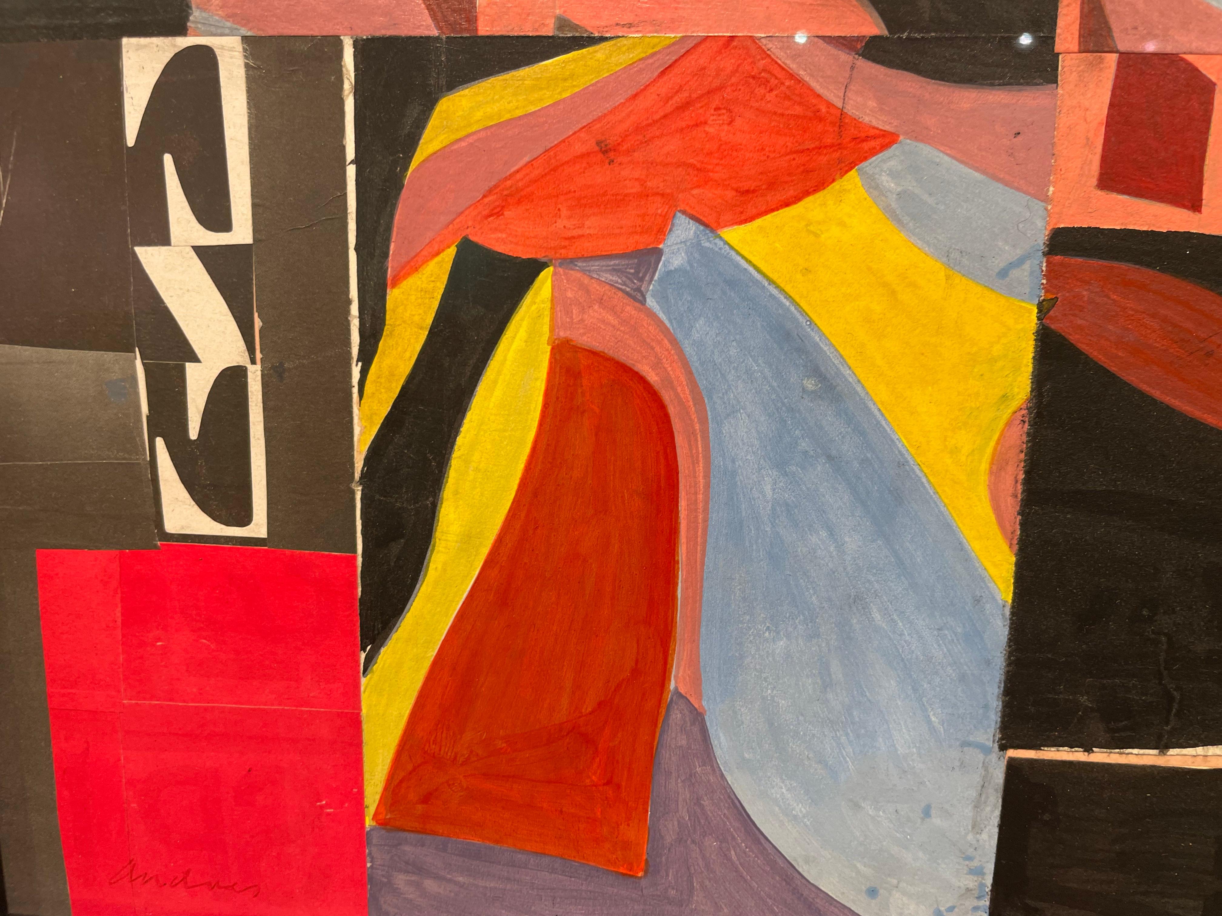 Pieces Collage, vibrant mid-century abstract expressionist black, pink & red For Sale 1