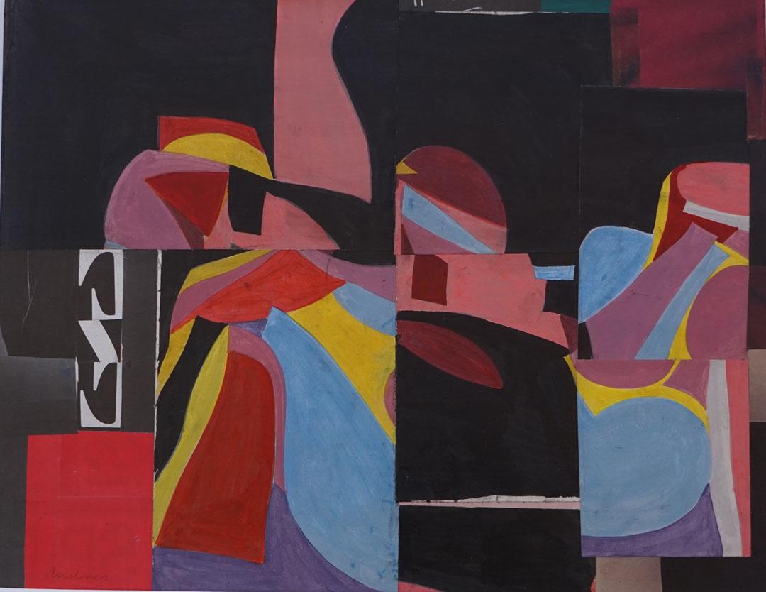 Richard Andres Abstract Painting – Einzelstücke Collage, leuchtende abstrakte Mitte des Jahrhunderts. expressionistisches Schwarz, Rosa und Rot 
