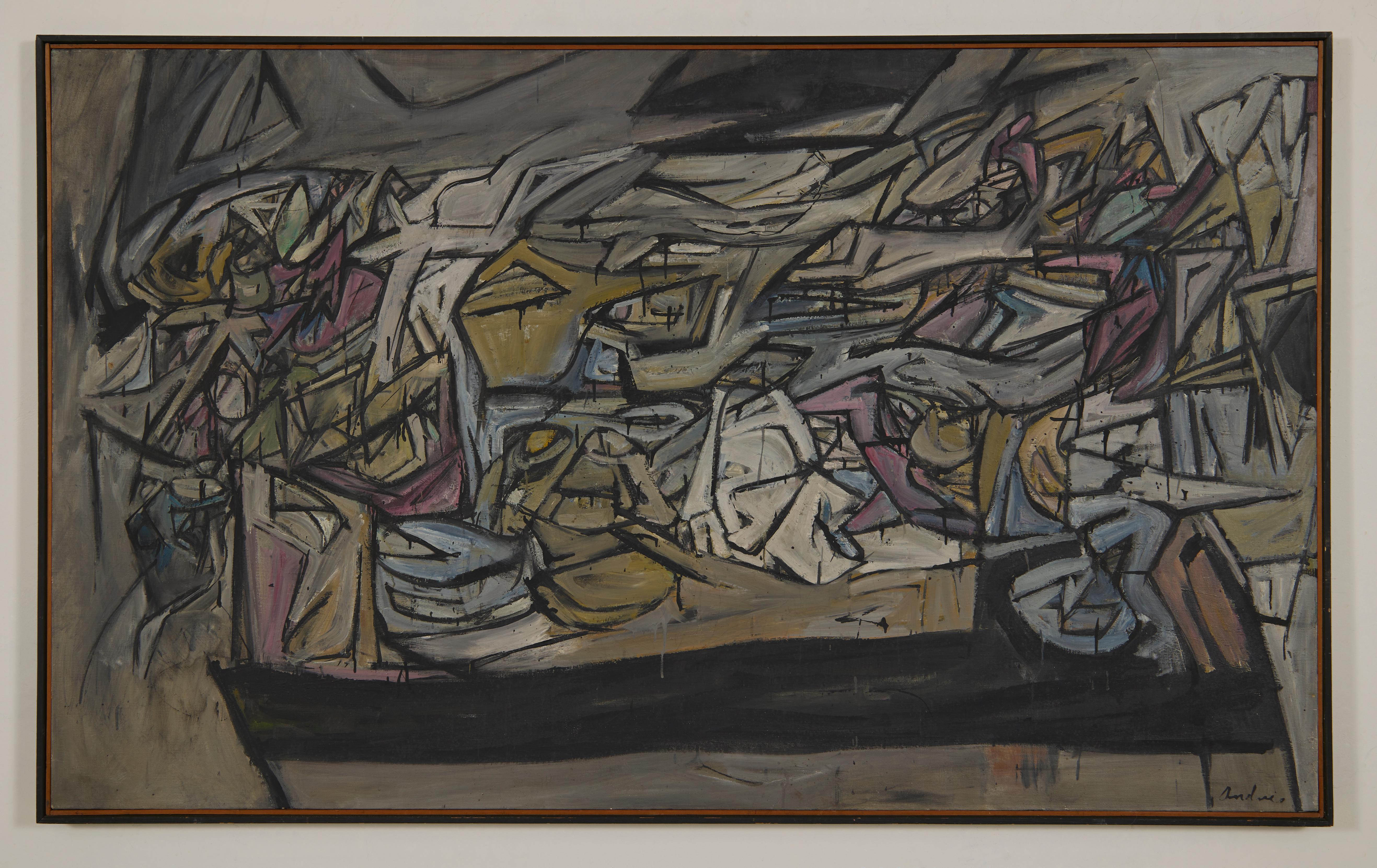 S. F. L. Large Abstract Expressionist Mid Century Oil Painting, Cleveland School - Black Abstract Painting by Richard Andres