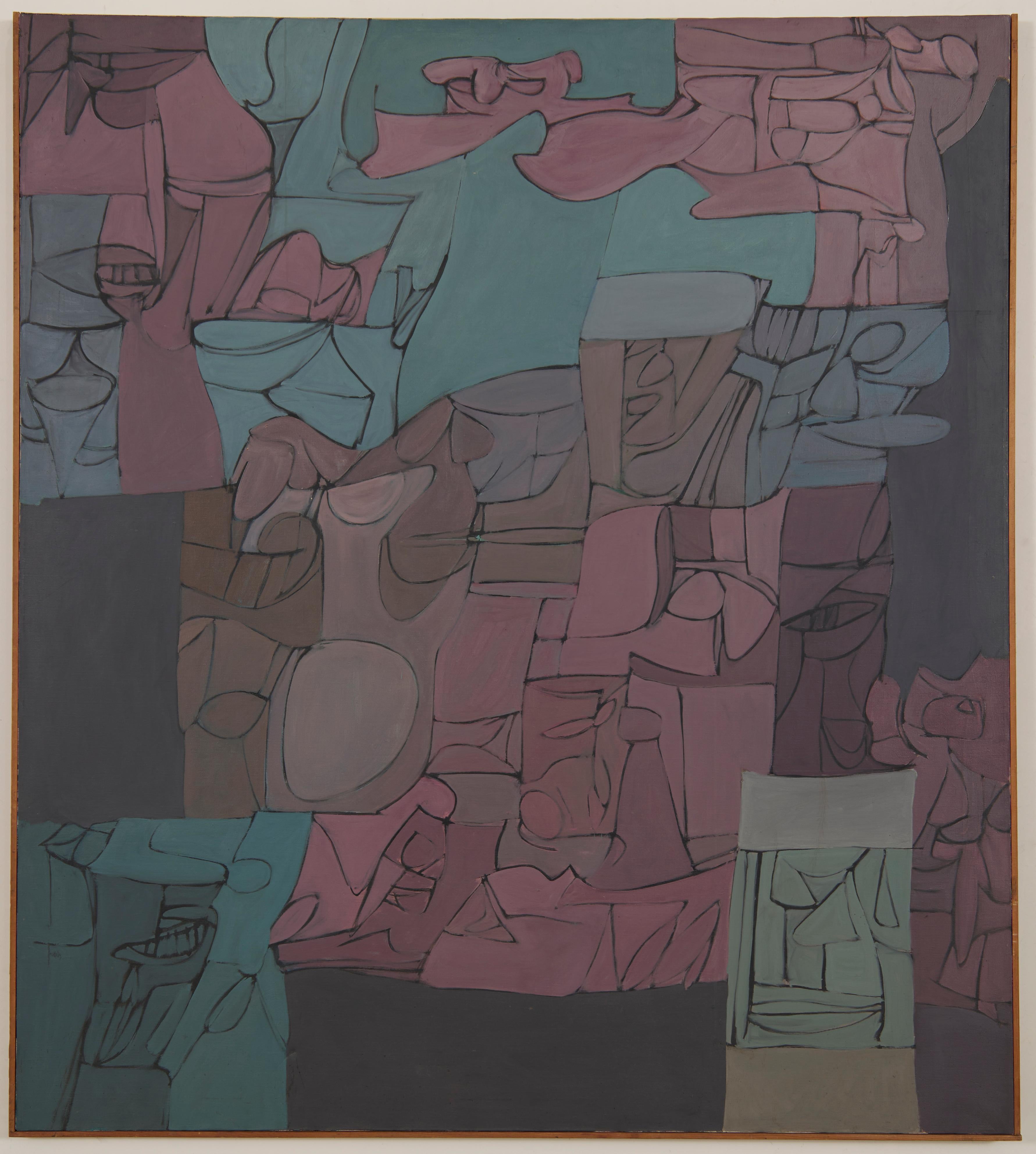 The Grey Wall, Large Abstract Expressionist Mid-Century Oil Painting - Gray Figurative Painting by Richard Andres