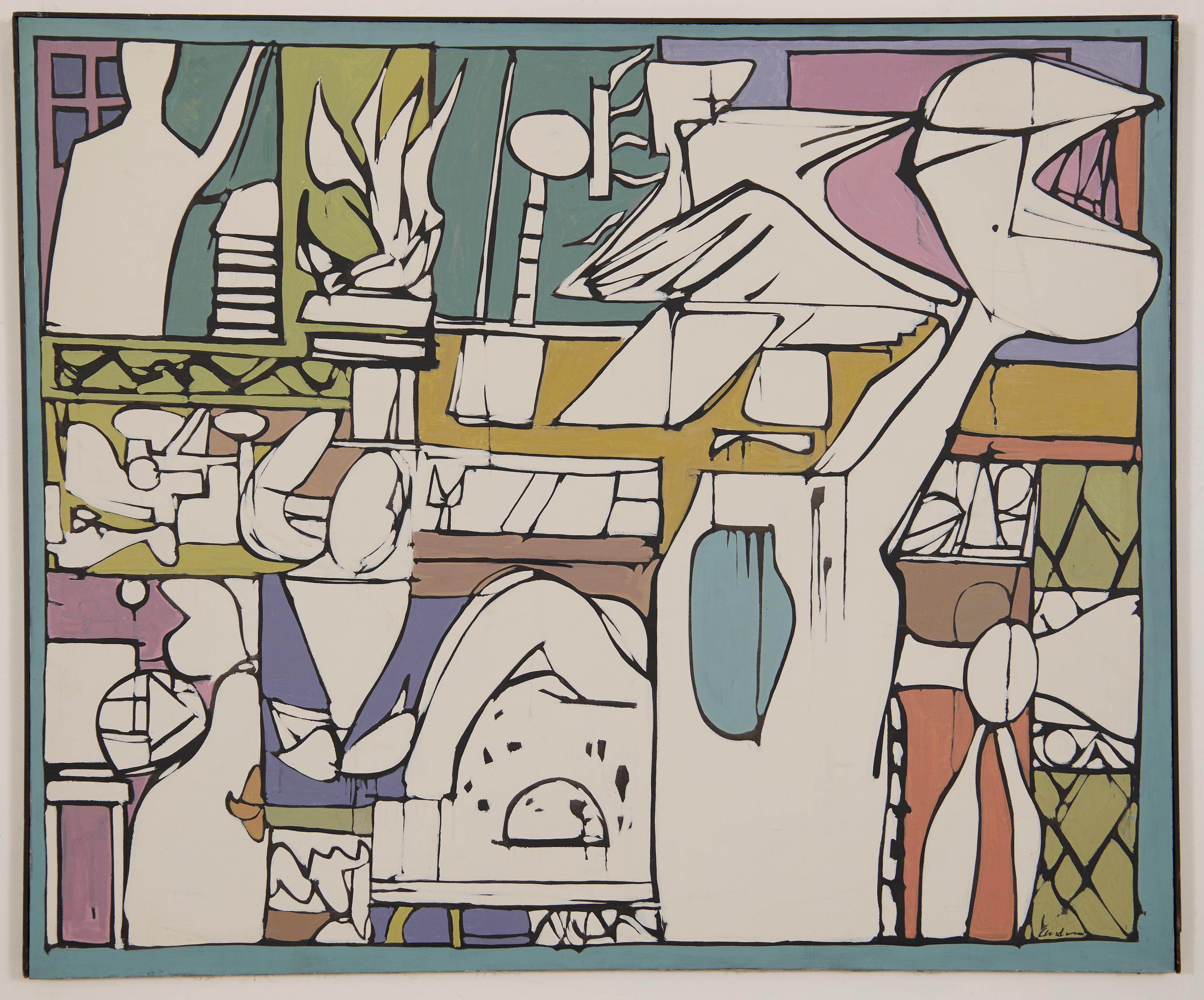 The New Plans, Large Abstract Expressionist Mid Century Colorful Painting - Brown Figurative Painting by Richard Andres