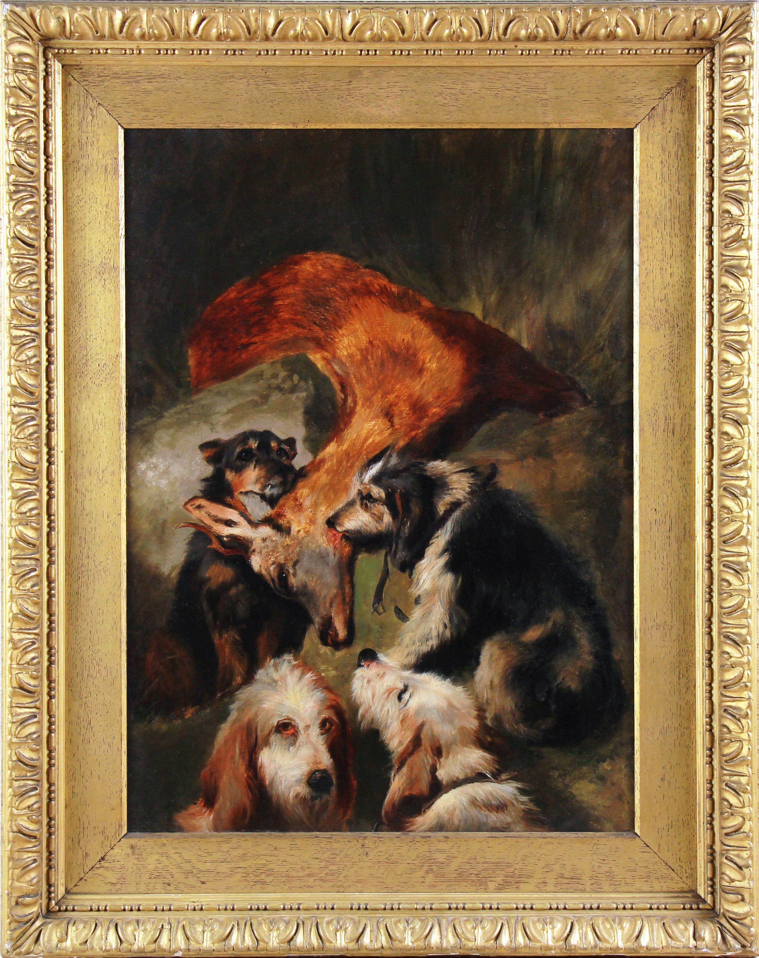 Animal Painting di Richard Ansdell - Cani da caccia e un cervo, dipinto a olio britannico Richard ANSDELL 19° sec.