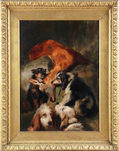 Perros de caza y un ciervo, óleo británico Richard ANSDELL S. XIX