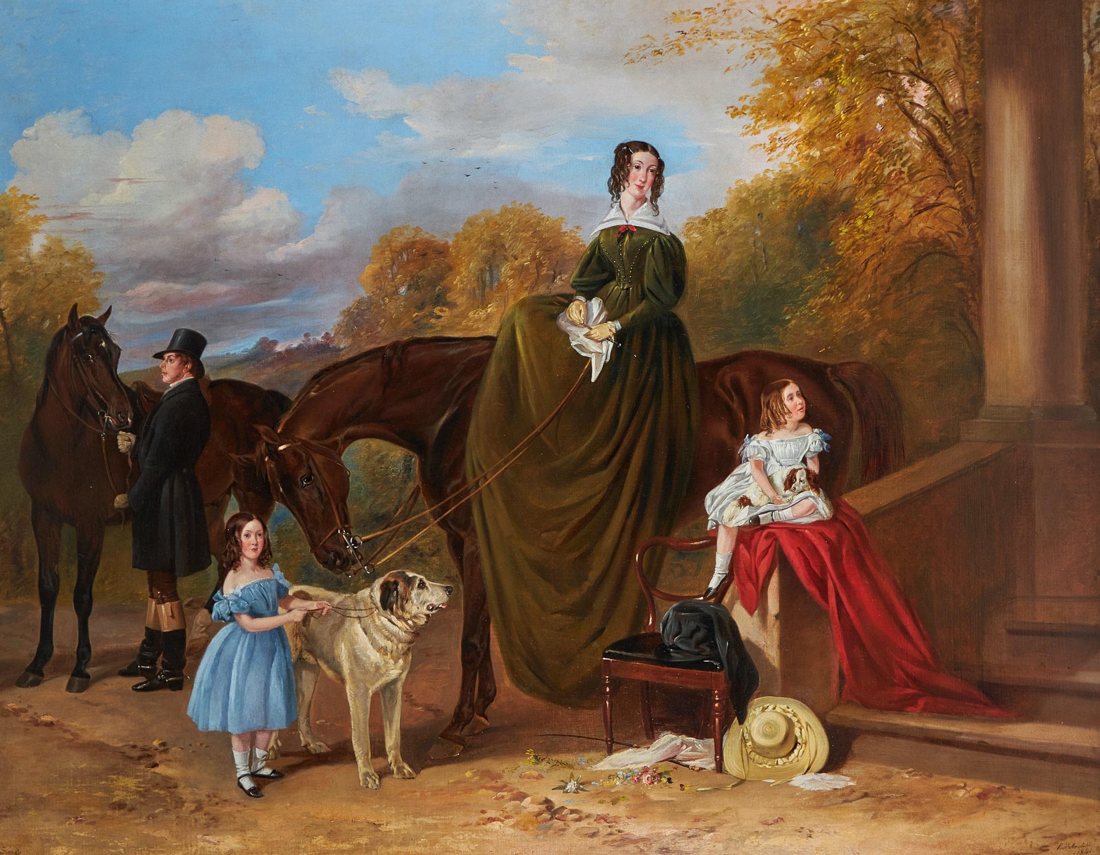 Richard Ansdell Portrait Painting - Lady Caroline Harriet Towneley with her daughters outside Croxteth Hall