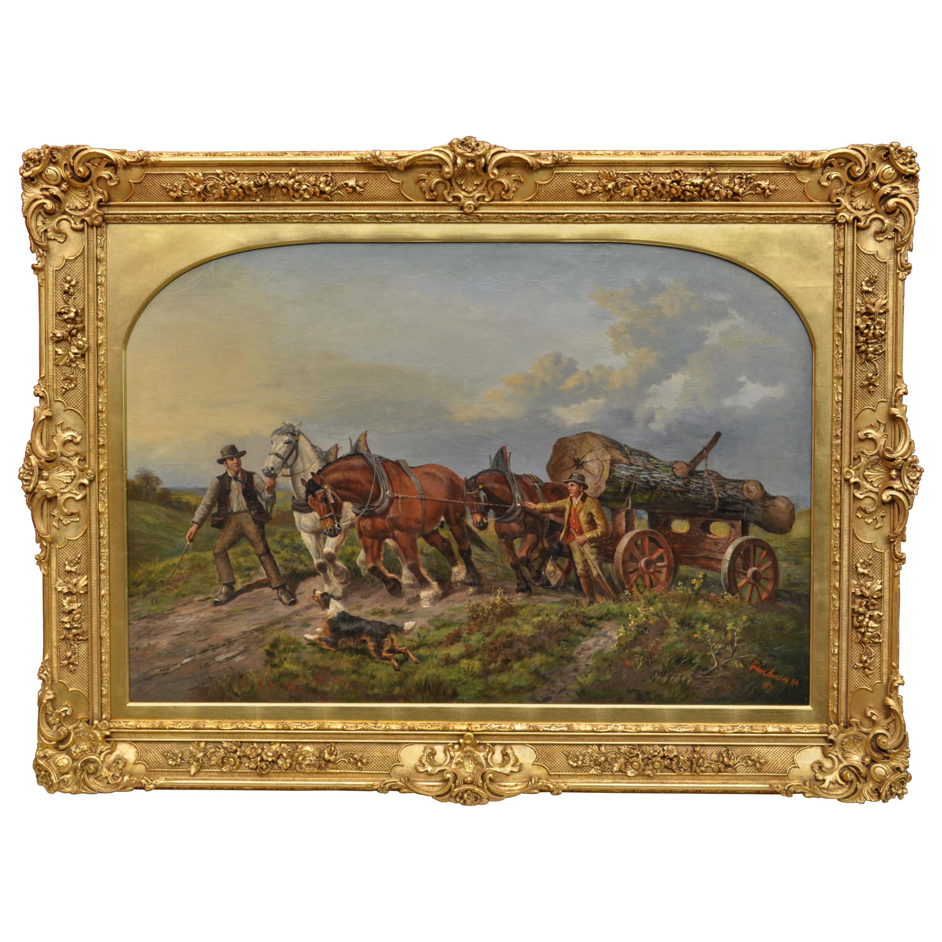 A fine & Monumental antique oil on canvas painting, a Scottish landscape/genre scene, signed and dated  "Richard Ansdell RA 1871".
The painting depicting a Scottish Highland scene of two gentlemen farmers guiding three shire-horses pulling a massive