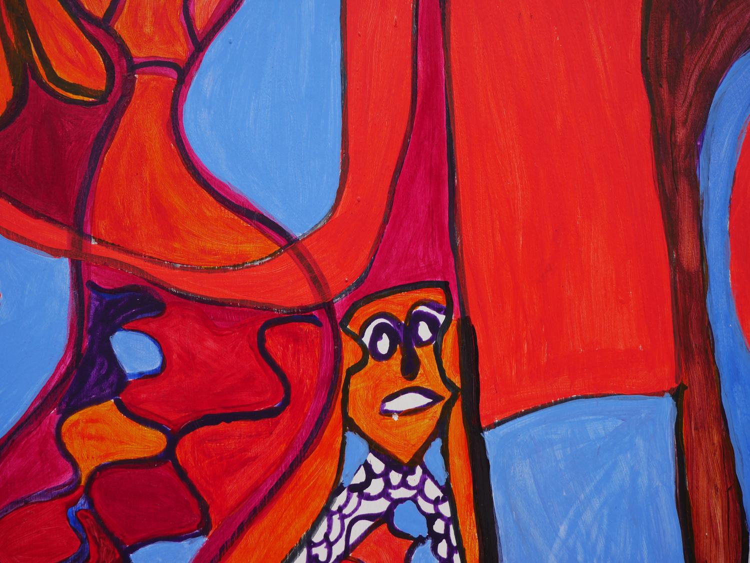 Peinture figurative abstraite rouge et bleue avec quatre personnages et éléments botaniques en vente 6