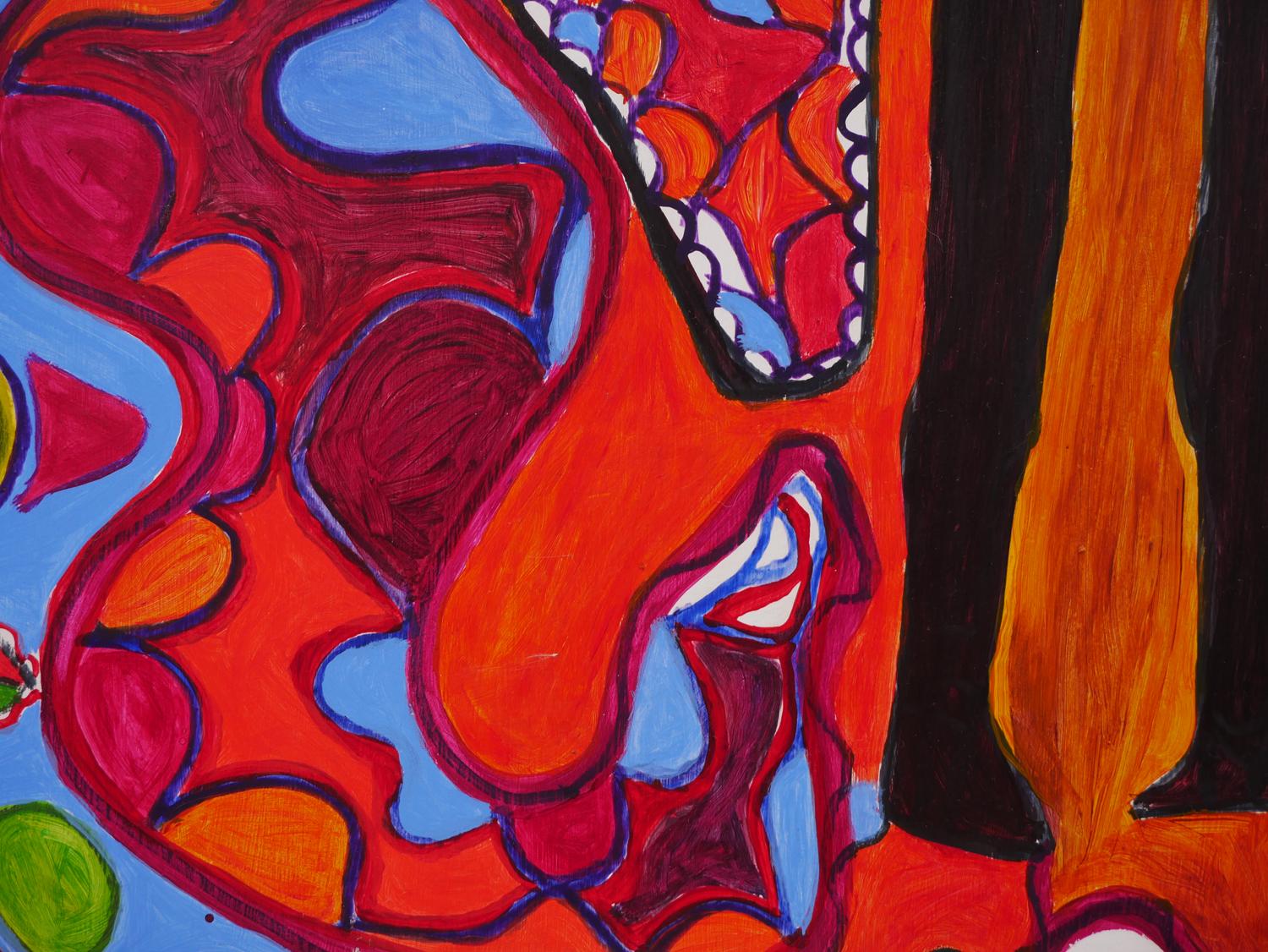 Peinture figurative abstraite rouge et bleue avec quatre personnages et éléments botaniques en vente 7