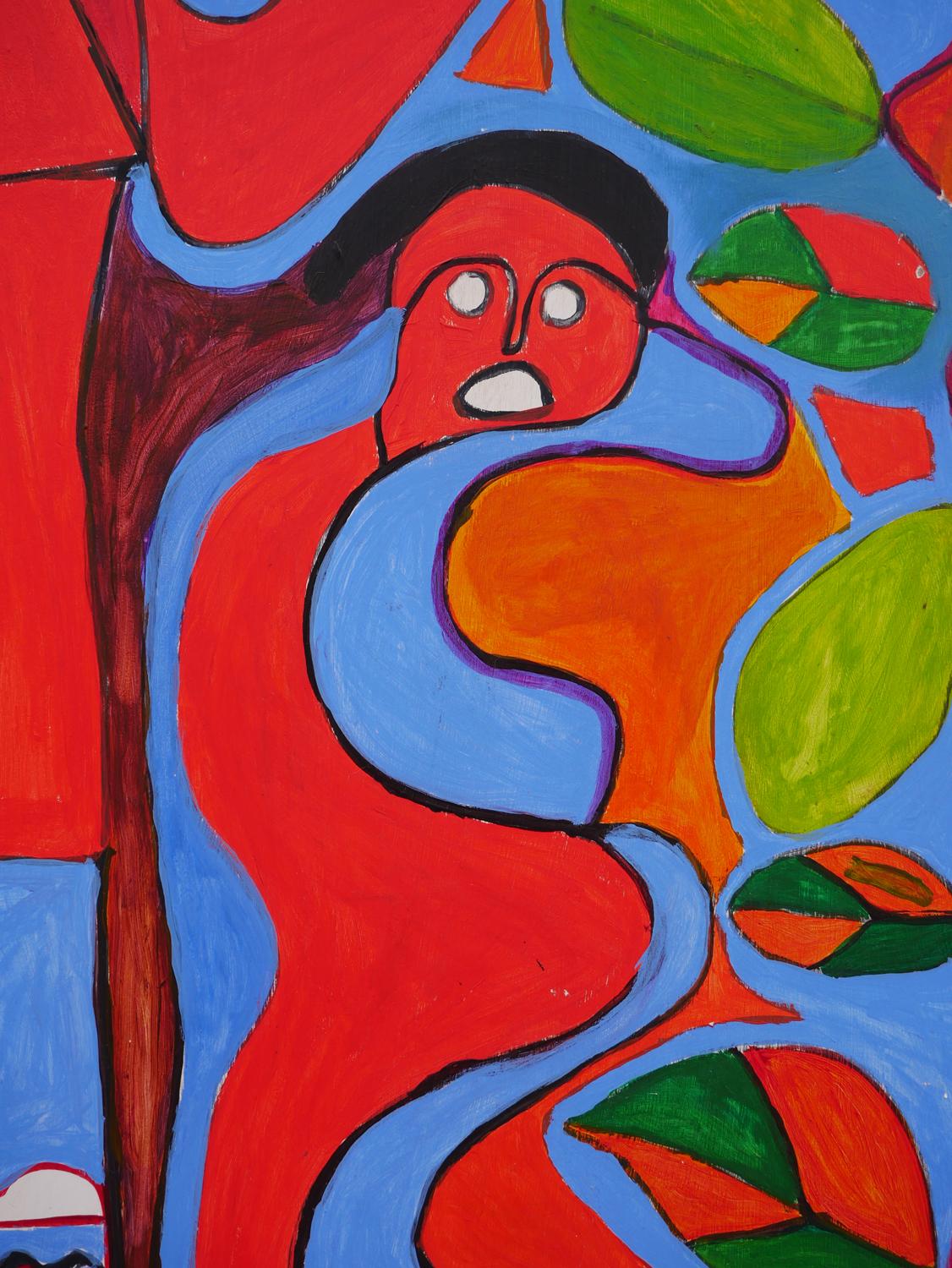Peinture figurative abstraite rouge et bleue avec quatre personnages et éléments botaniques en vente 9