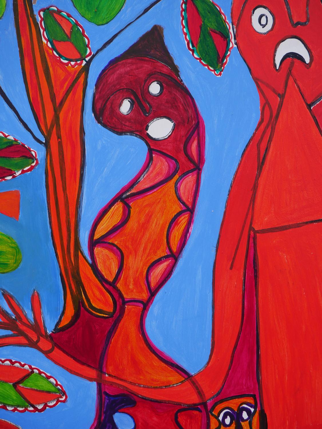 Peinture figurative abstraite rouge et bleue avec quatre personnages et éléments botaniques en vente 10