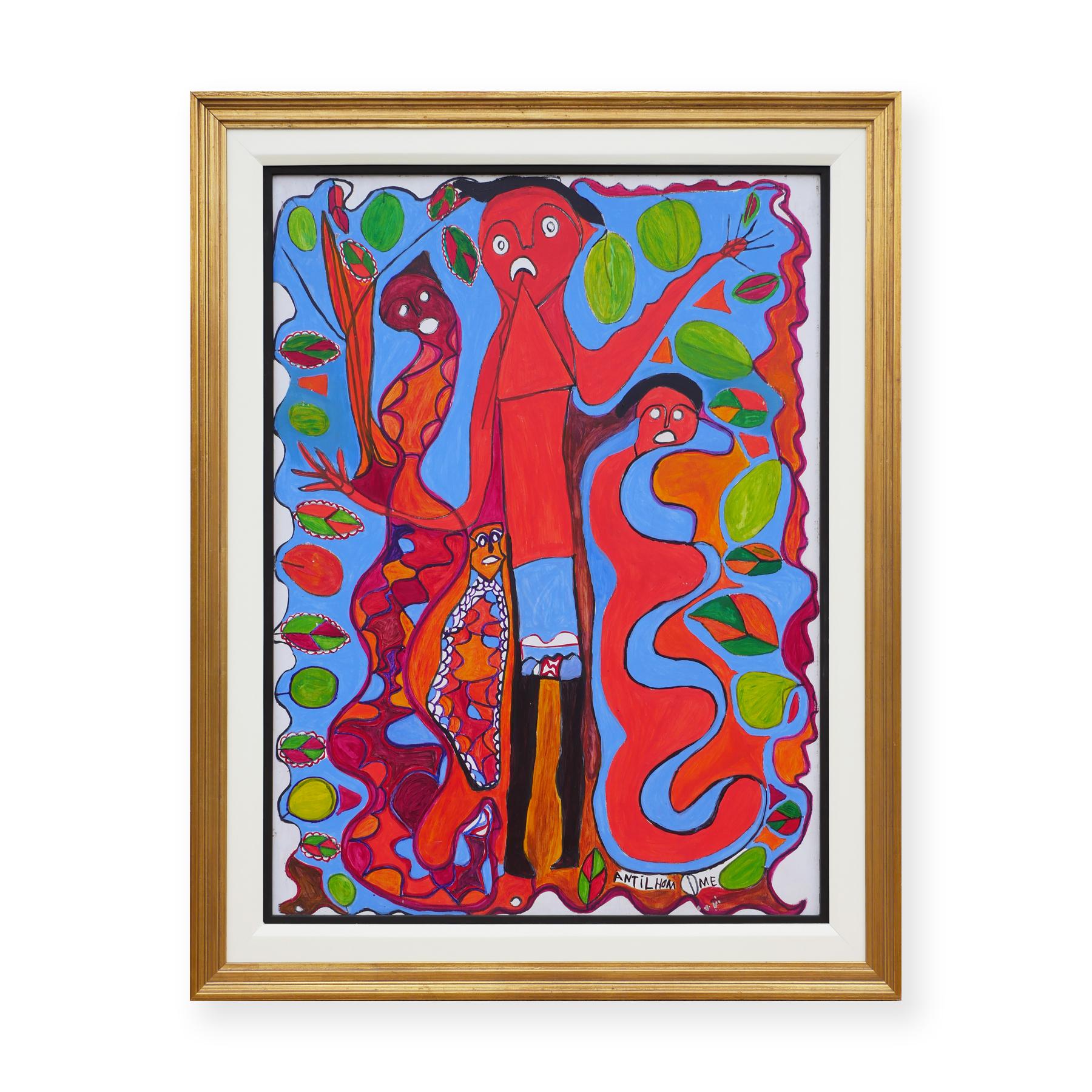 Red and blue abstract figurative painting by Haitian artist Richard Antilhomme. The painting depicts four different red flowy figures that branch from each other. The figures are against a light blue background with green botanical elements. Signed
