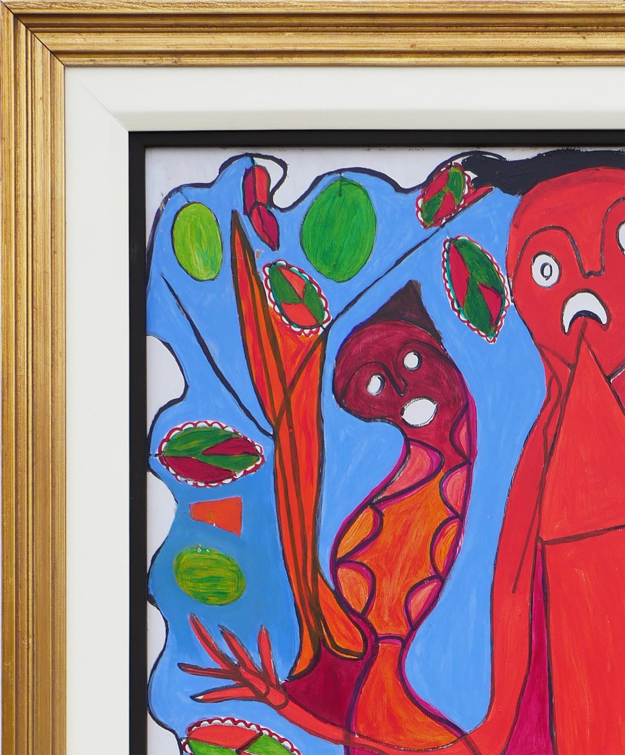 Red & Blue Abstract Figurative Painting with Four Figures and Botanical Elements For Sale 1