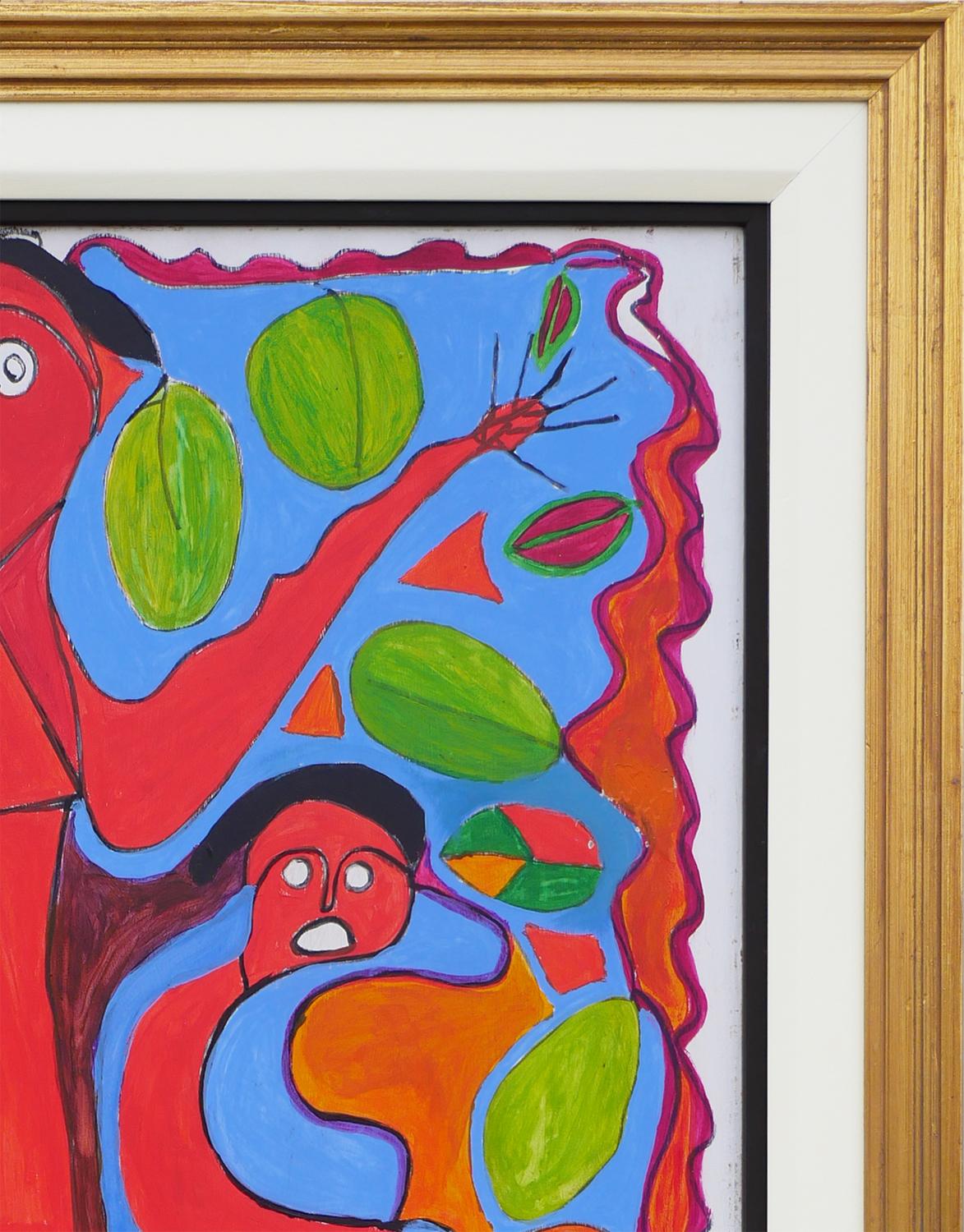 Peinture figurative abstraite rouge et bleue de l'artiste haïtien Richard Antilhomme. La peinture représente quatre figures rouges différentes qui se ramifient les unes les autres. Les personnages sont sur un fond bleu clair avec des éléments