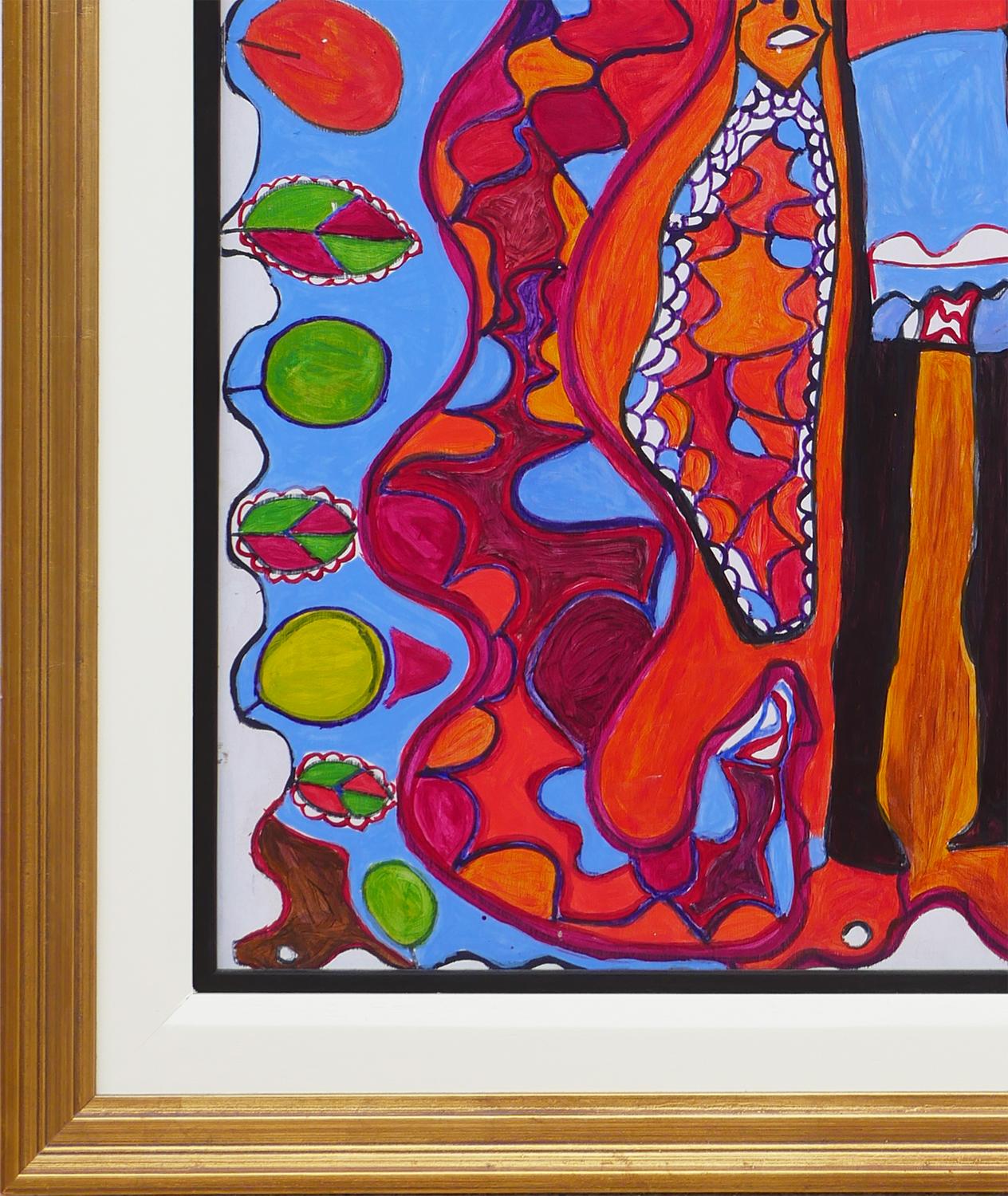 Peinture figurative abstraite rouge et bleue avec quatre personnages et éléments botaniques en vente 1