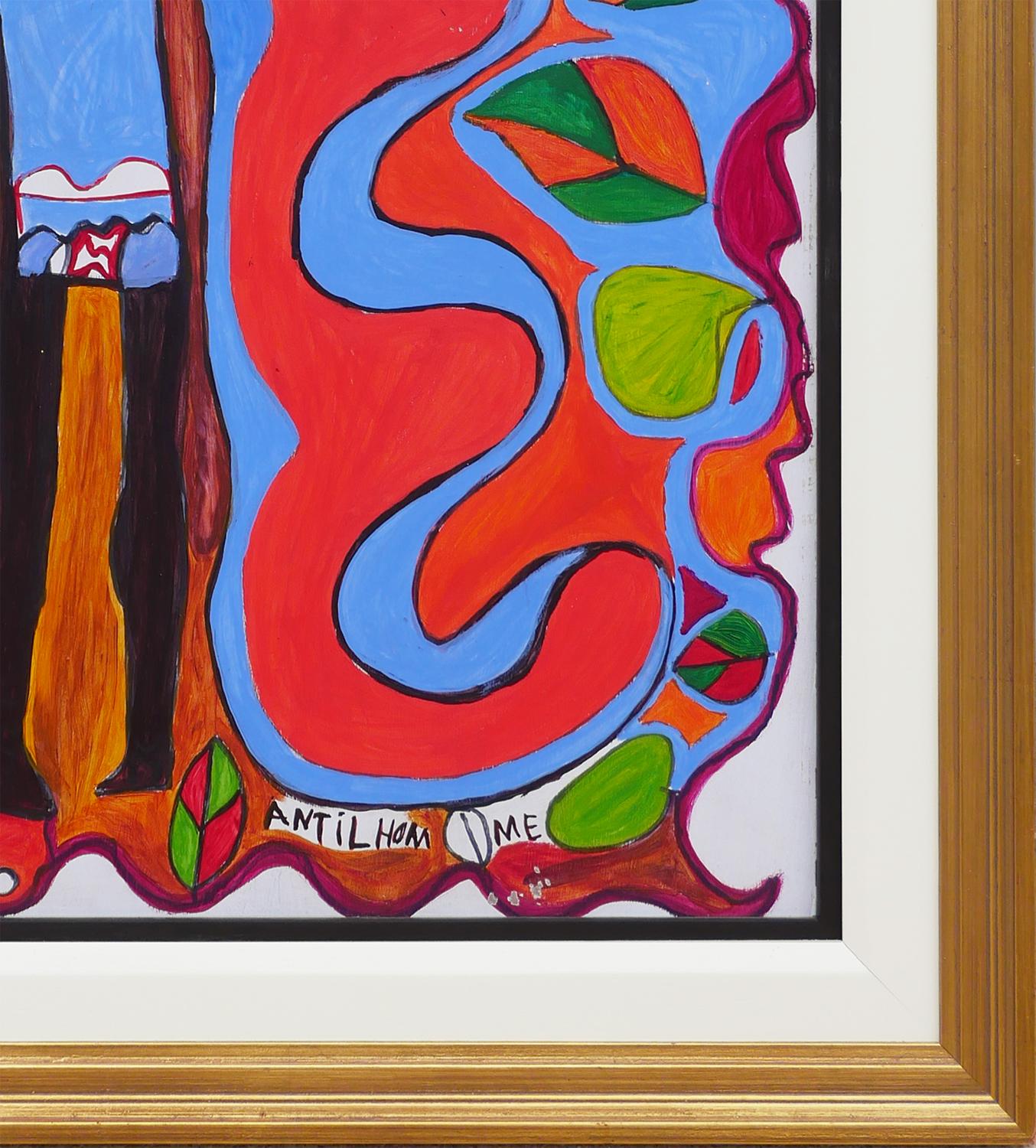 Peinture figurative abstraite rouge et bleue avec quatre personnages et éléments botaniques en vente 2