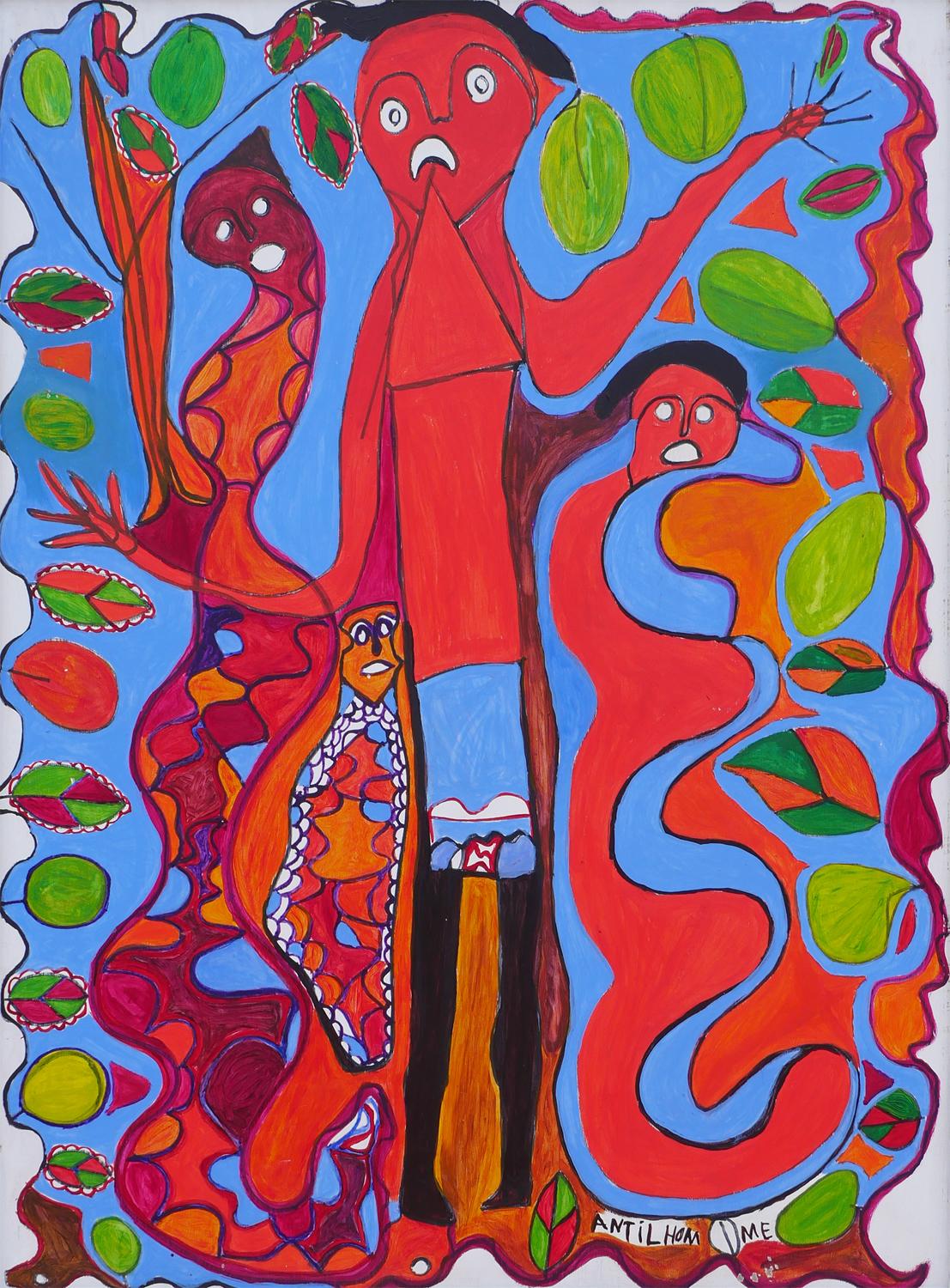 Peinture figurative abstraite rouge et bleue avec quatre personnages et éléments botaniques en vente 3