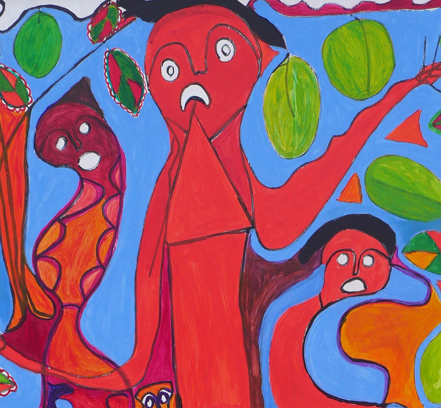 Quadro figurativo astratto rosso e blu dell'artista haitiano Richard Antilhomme. Il dipinto raffigura quattro diverse figure rosse che si diramano l'una dall'altra. Le figure sono su uno sfondo azzurro con elementi botanici verdi. Firmato
