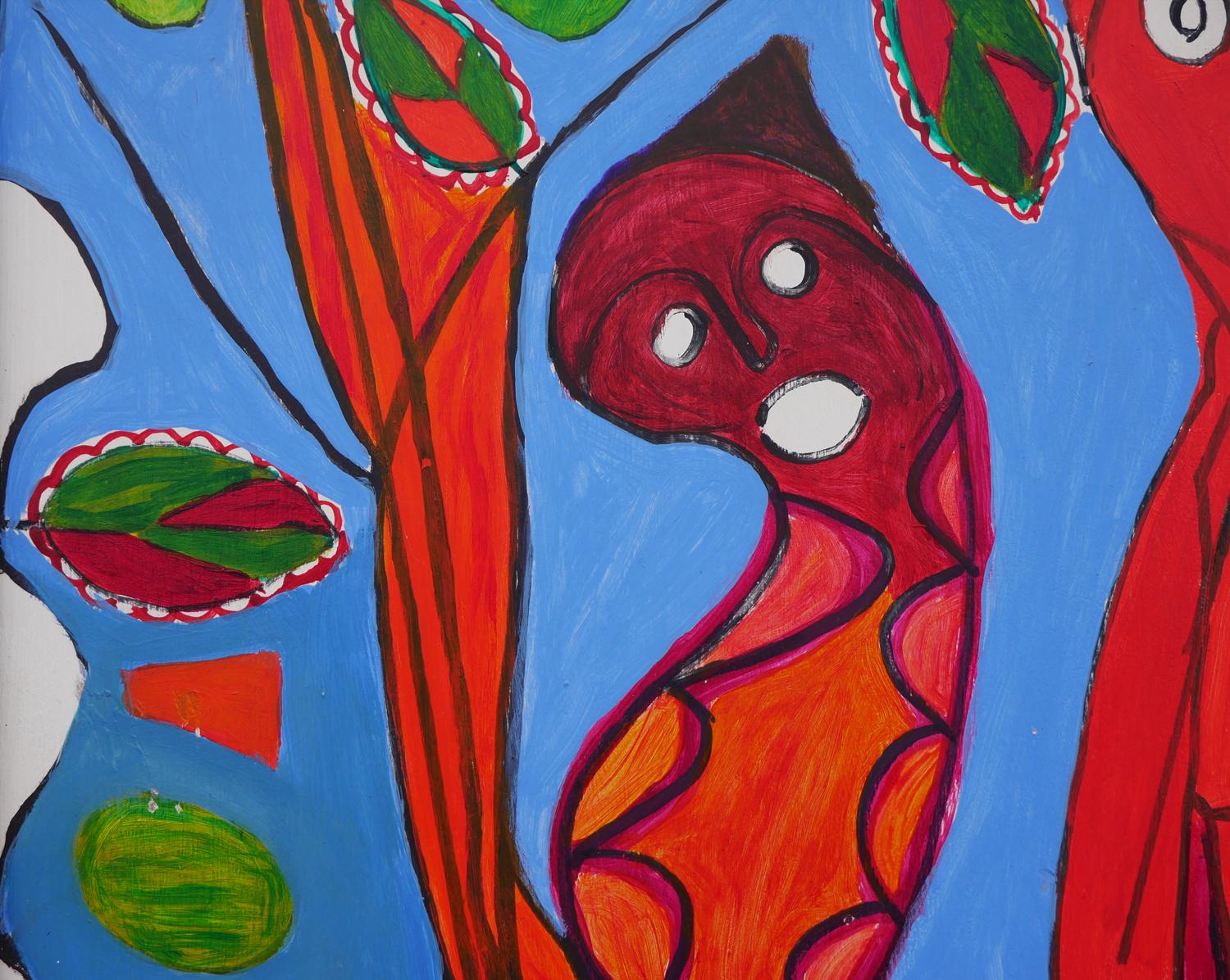 Peinture figurative abstraite rouge et bleue avec quatre personnages et éléments botaniques en vente 5