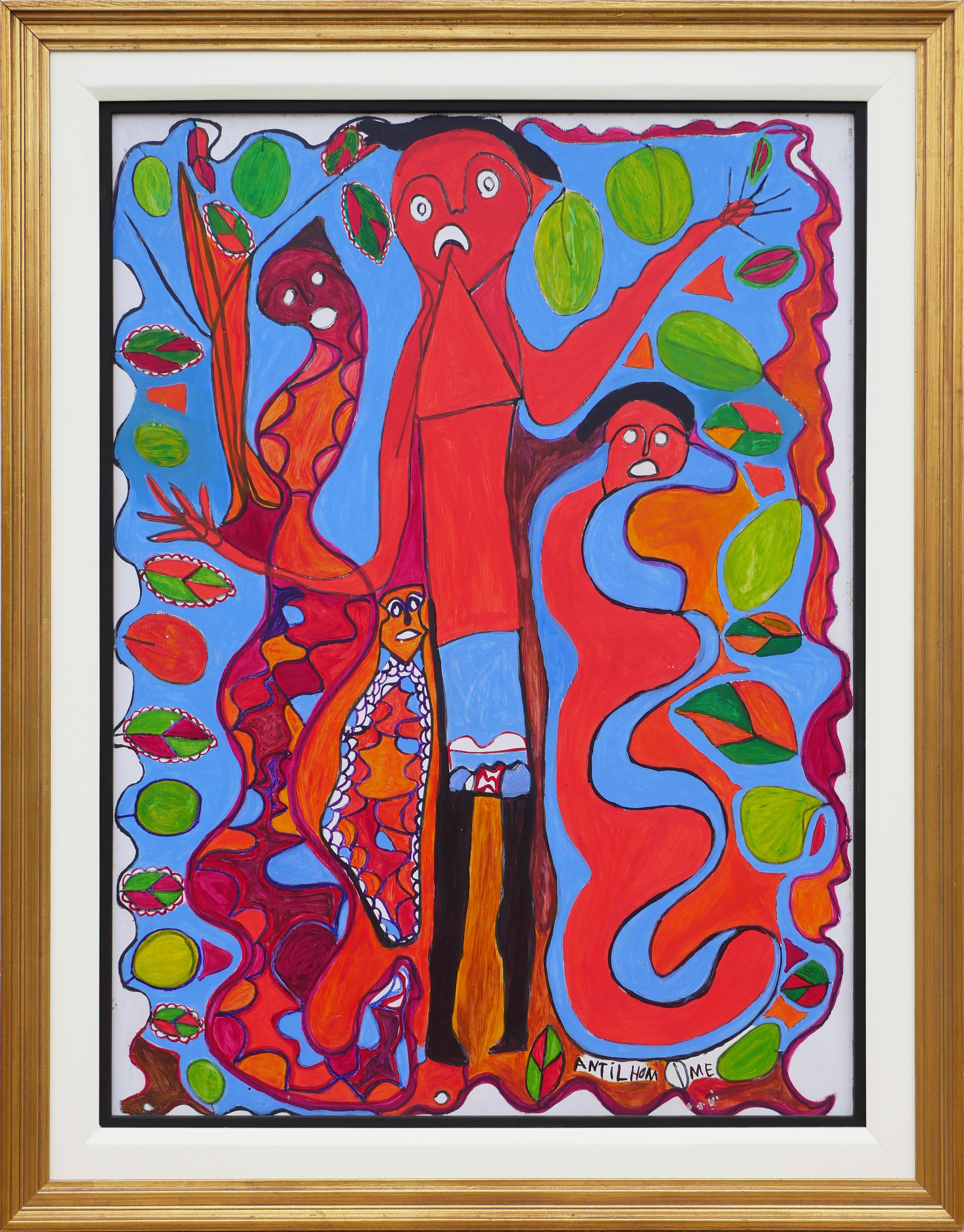 Figurative Painting Richard Antilhomme - Peinture figurative abstraite rouge et bleue avec quatre personnages et éléments botaniques