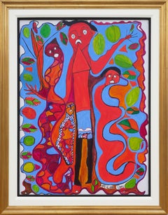 Peinture figurative abstraite rouge et bleue avec quatre personnages et éléments botaniques