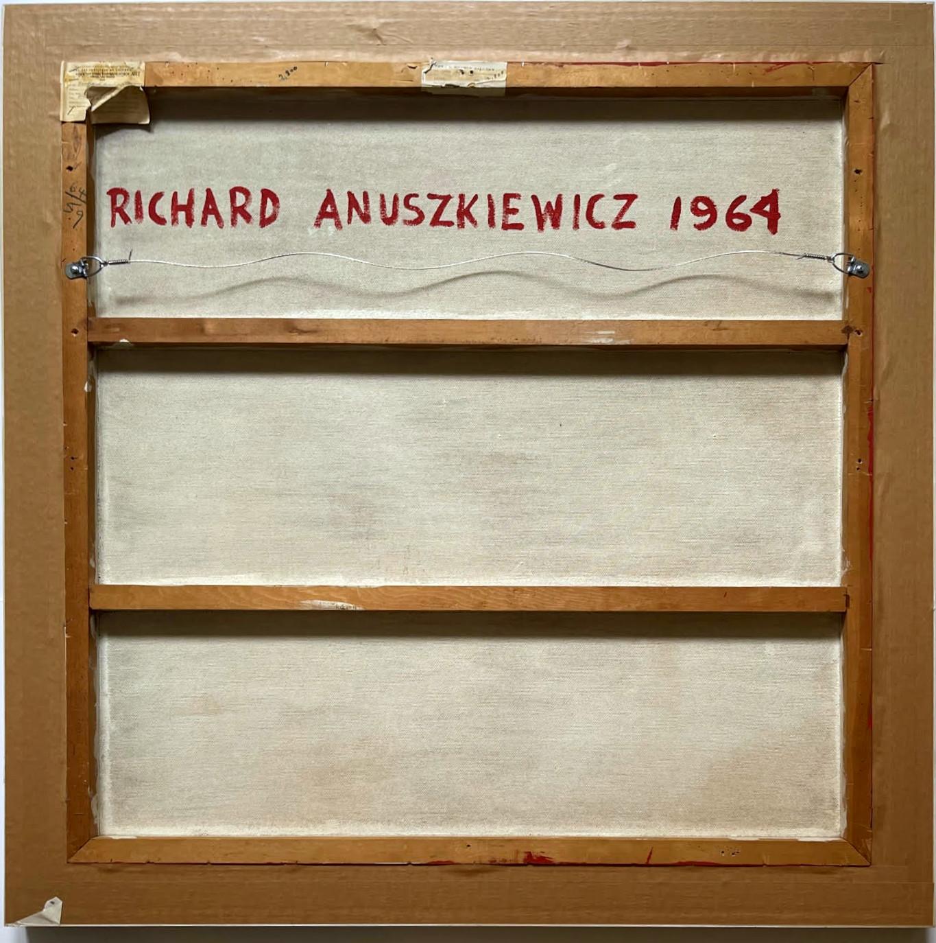 Richard Anuszkiewicz
Metallic Water, 1964
Painting with Liquitex on canvas. (1964 Art Institute of Chicago Exhibition and J.L. Hudson Gallery)
Signed boldly and dated 1964 on the verso with exhibition label from the Art Institute of Chicago and the