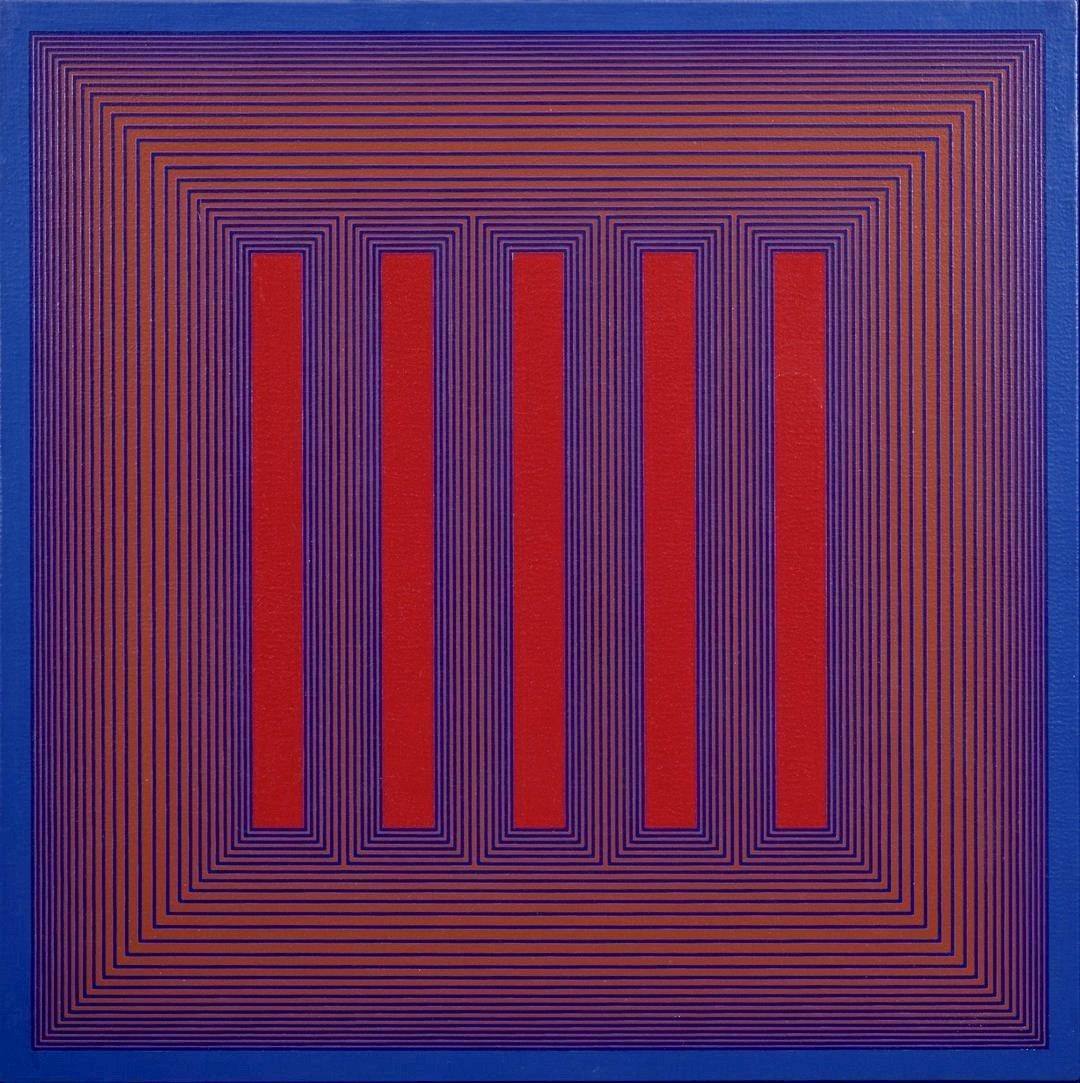 Abstract Painting de Richard Anuszkiewicz - Templo de los Rojos Vespertinos, 1983 OpArt acrílico del artista de la Escuela de Cleveland