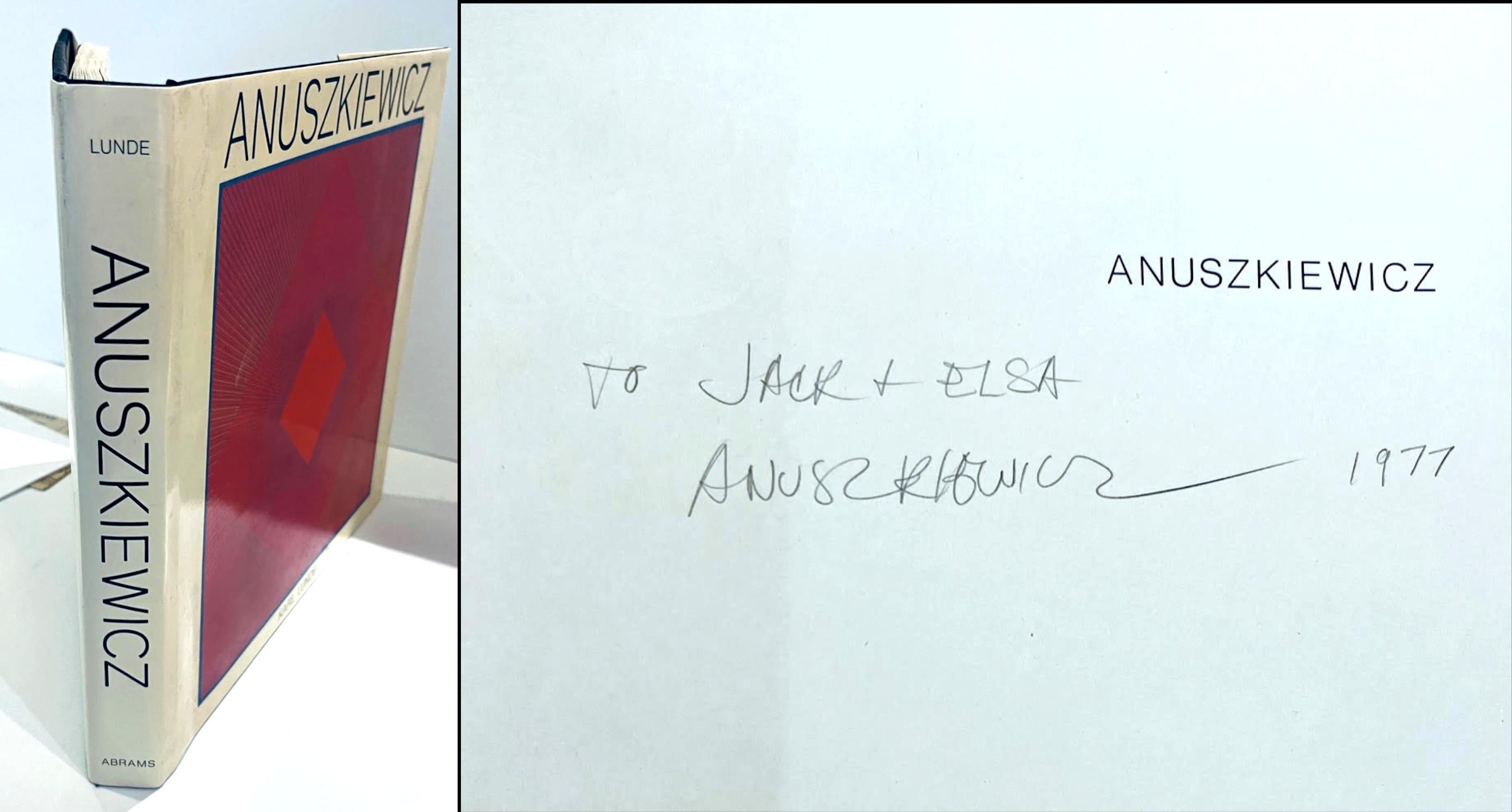 Richard Anuszkiewicz
ANUSZKIEWICZ by Karl Lunde (hand signed and inscribed by Richard Anuszkiewicz), 1977
Hardback monograph with dust jacket (hand signed and inscribed by Richard Anuszkiewicz)
Hand signed, dated 1977 and inscribed to Jack & Elsa by