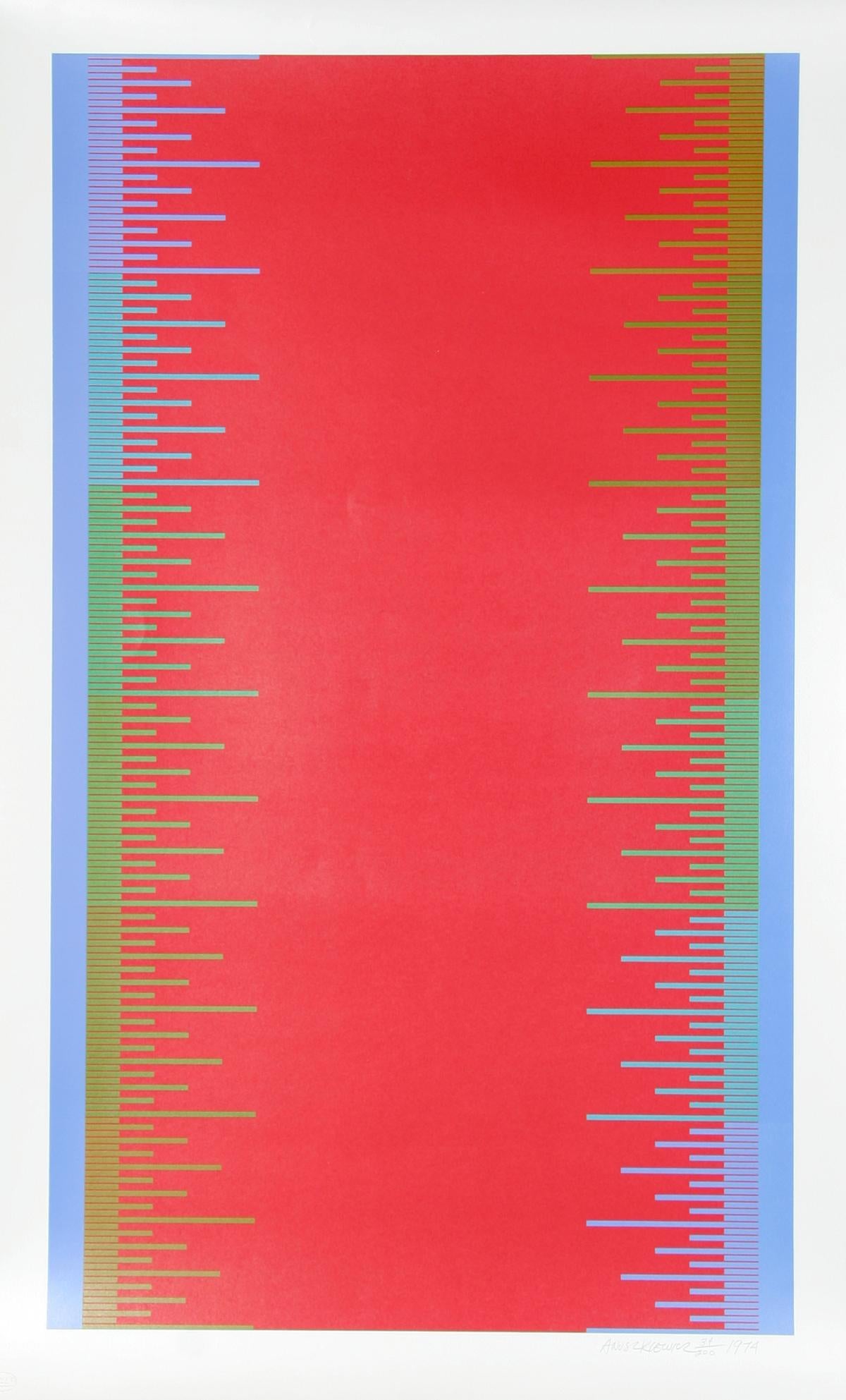 Artist: Richard Anuszkiewicz, American (1930 - )
Title: Olympics
Year: 1976
Medium: Screenprint, signed and numbered in pencil
Edition: 200
Image Size: 35.5 in. x 21 in. (90.17 cm x 53.34 cm)
Size: 40  x 25 in. (101.6  x 63.5 cm)