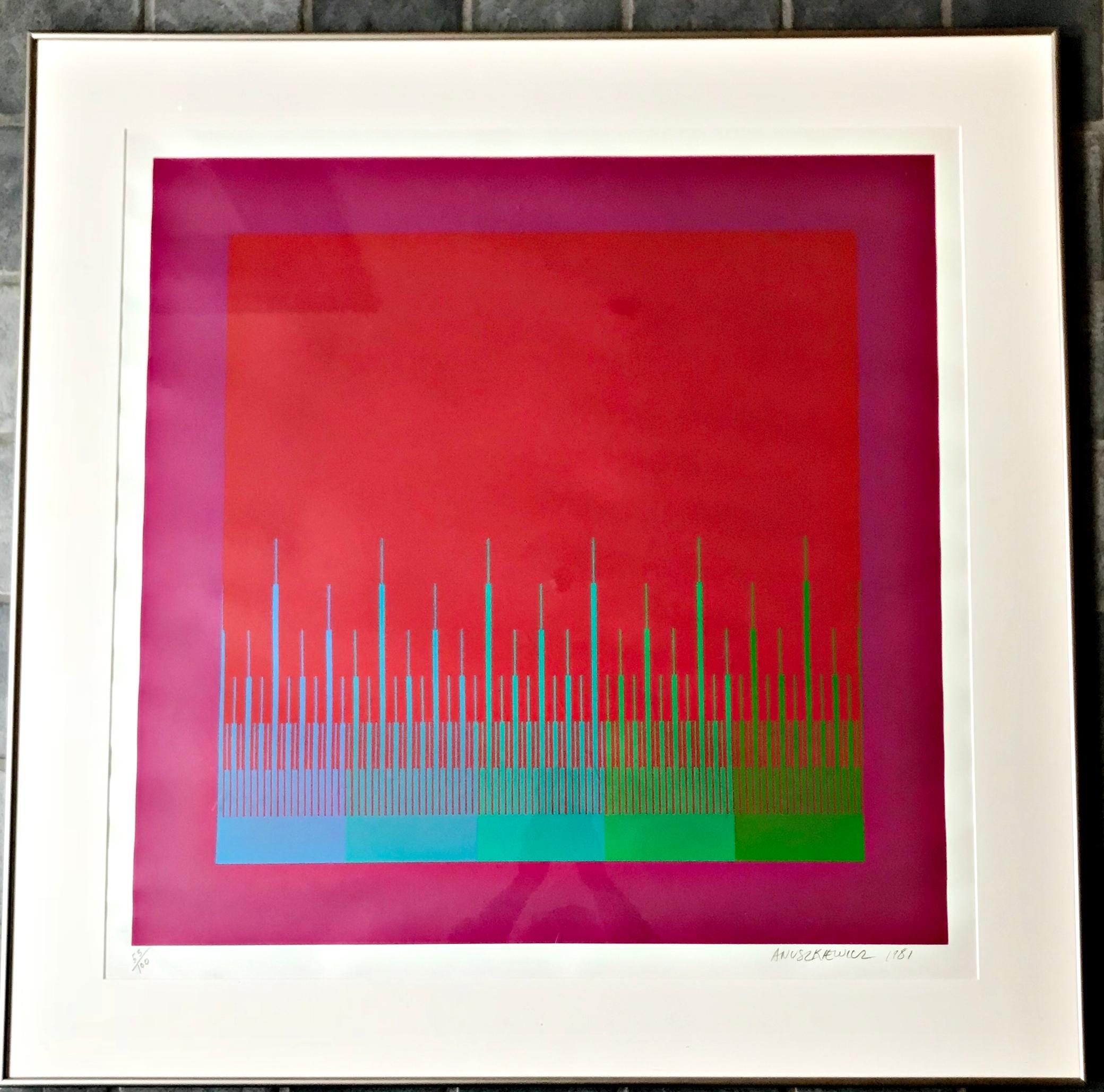 Richard Anuszkiewicz
Soft Satellite Red, 1981
Silkscreen on wove paper
Signed, dated and numbered 53 from the edition of 100 in pencil by the artist on the front. Bears label from Metzenbaum campaign on back of frame
Vintage metal period frame