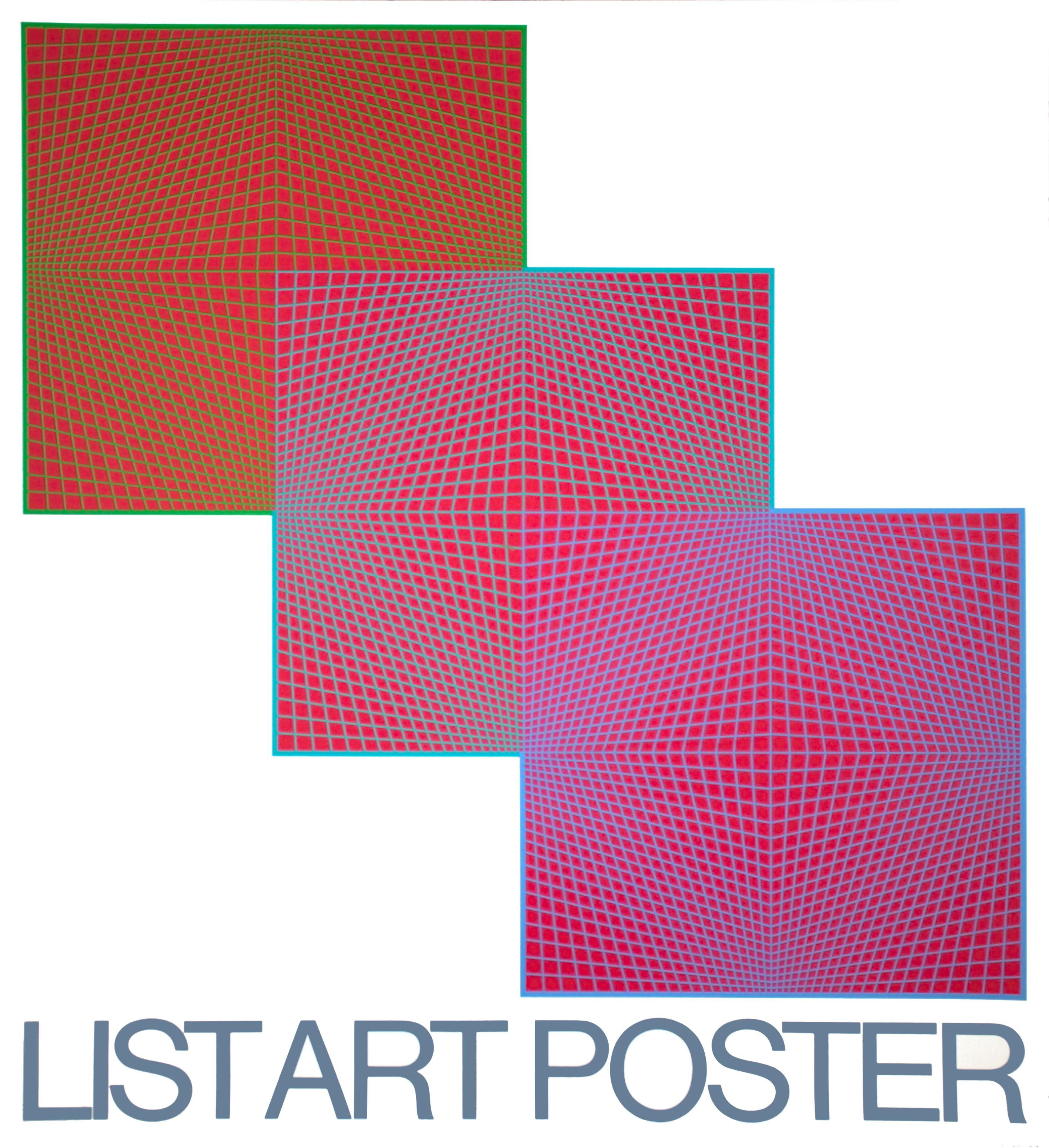 Intitulée Evolution, cette sérigraphie de Richard Artistics illustre le style caractéristique de l'artiste, avec trois carrés colorés superposés. Au centre de chaque carré, la grille de lignes d'Anuszkiewicz rayonne vers l'extérieur, créant un