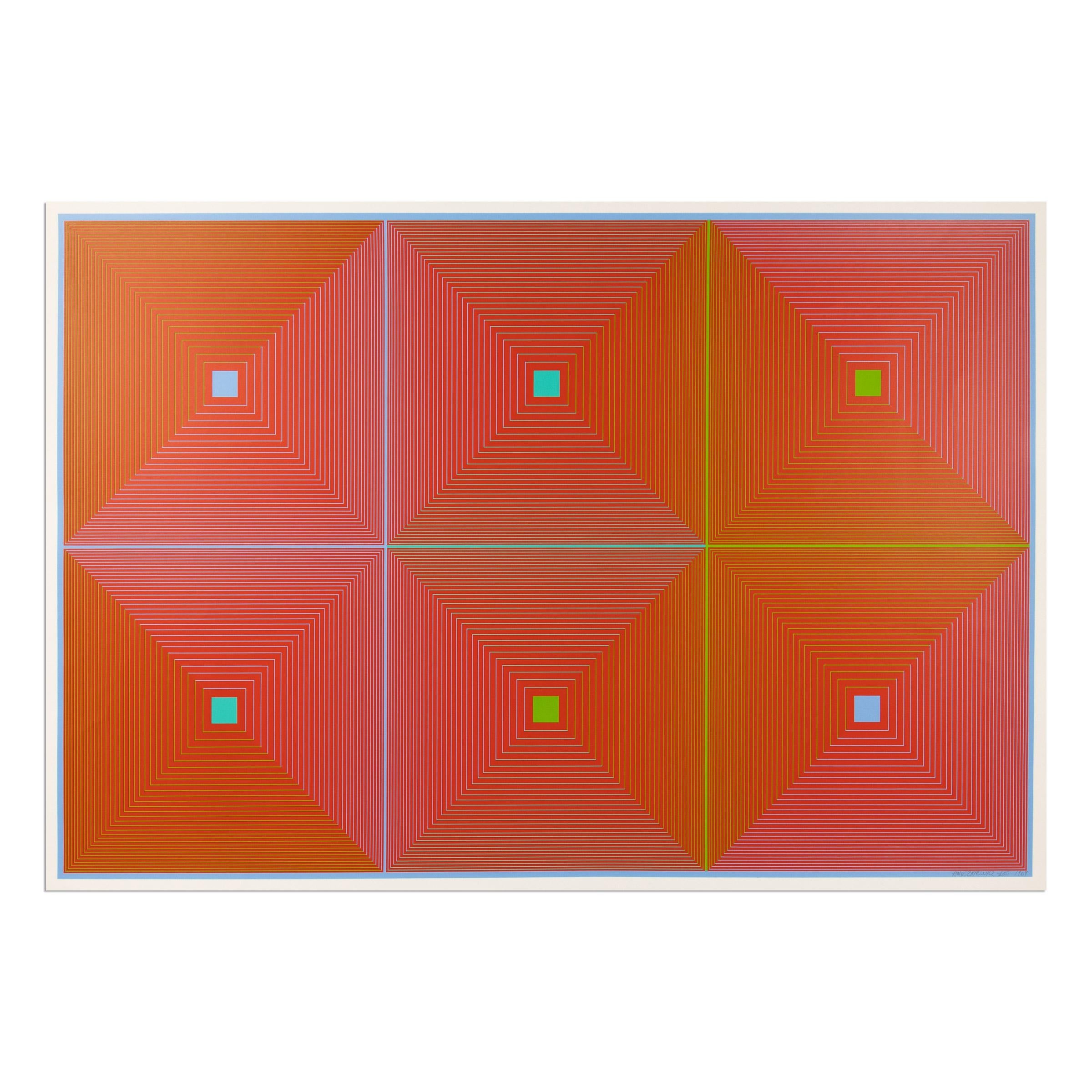 Richard Anuszkiewicz (américain, 1930-2020)
Six carrés, 1969
Support : Sérigraphie sur carte
Dimensions : 64 x 94 cm (25 x 37 in) : 64 x 94 cm (25 x 37 in)
Edition de 200 : Signé et numéroté à la main au crayon.
