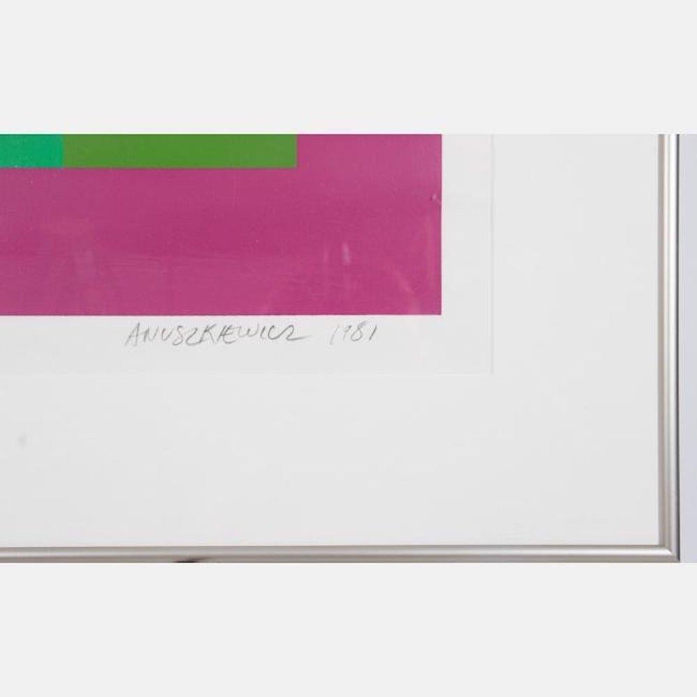 Richard Anuszkiewicz
Soft Satellite Red, 1981
Silkscreen on wove paper
Signed, dated and numbered 53 from the edition of 100 in pencil by the artist on the front. Bears label from Metzenbaum campaign on back of frame
Vintage metal period frame