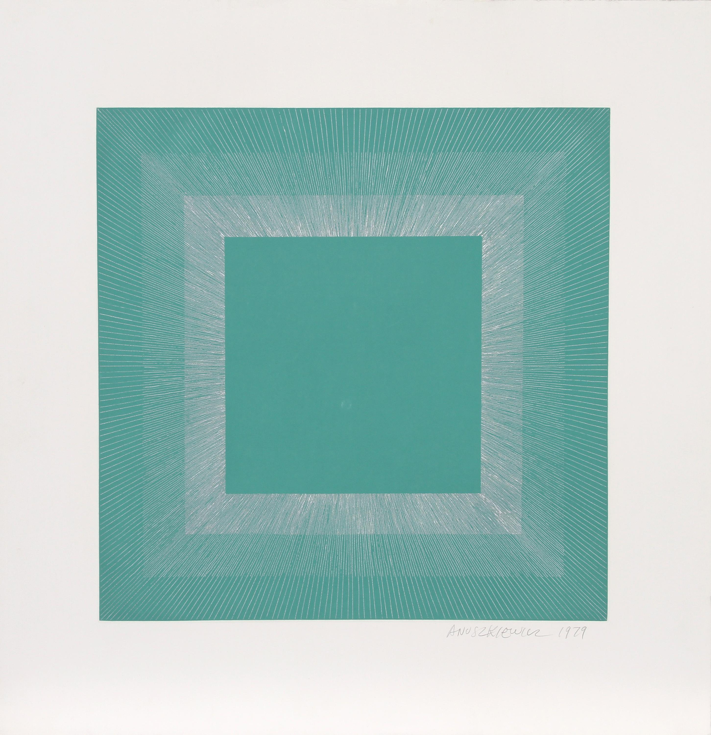 Richard Anuszkiewicz Abstract Print - Winter Suite (Green with Silver), OP Art Etching by Anuszkiewicz