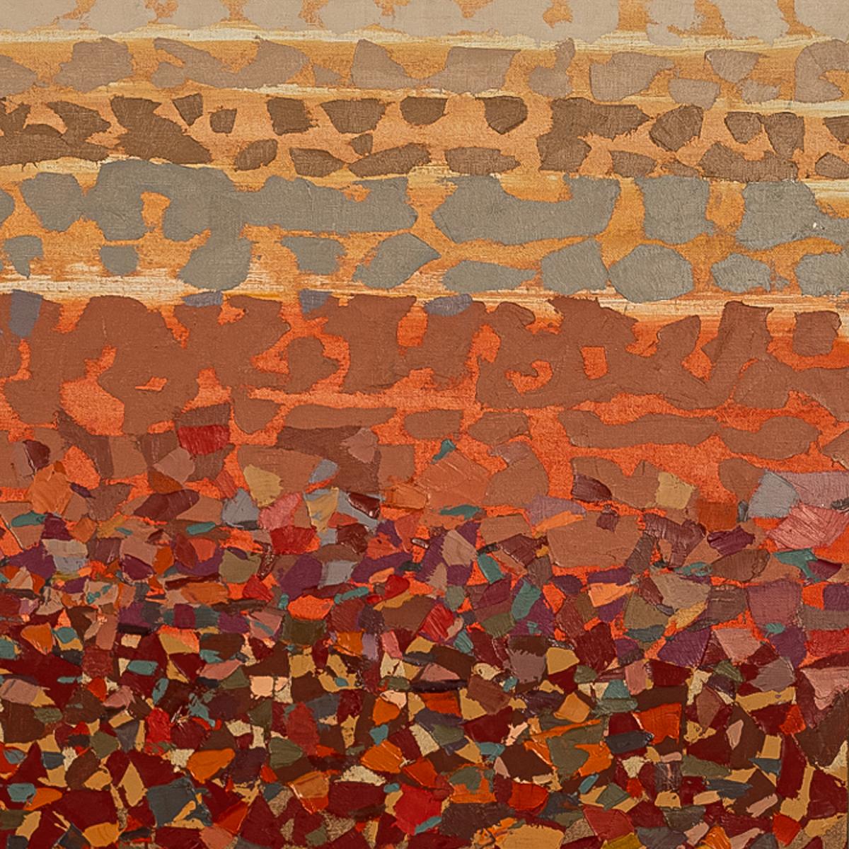 Un grande paesaggio astratto modernista dipinto a olio e magna su lino dall'artista di Portland Oregon, Richard Arthur Muller, 1928-1961, intitolato 
