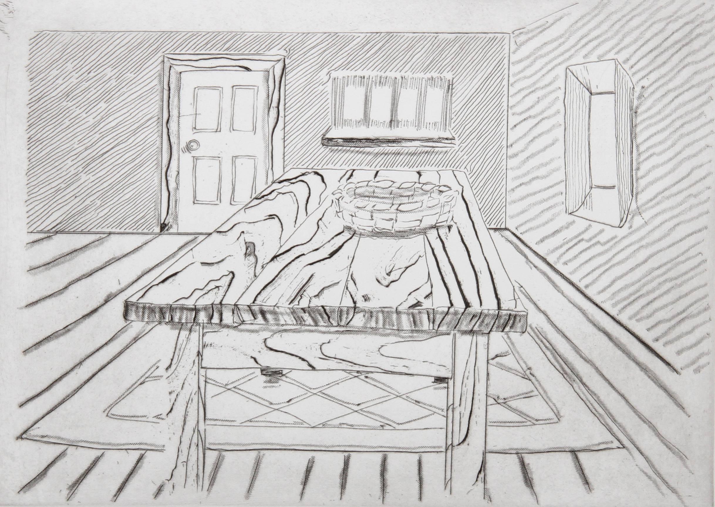Mesa de madera de Notas sobre una habitación, grabado contemporáneo de Richard Artschwager