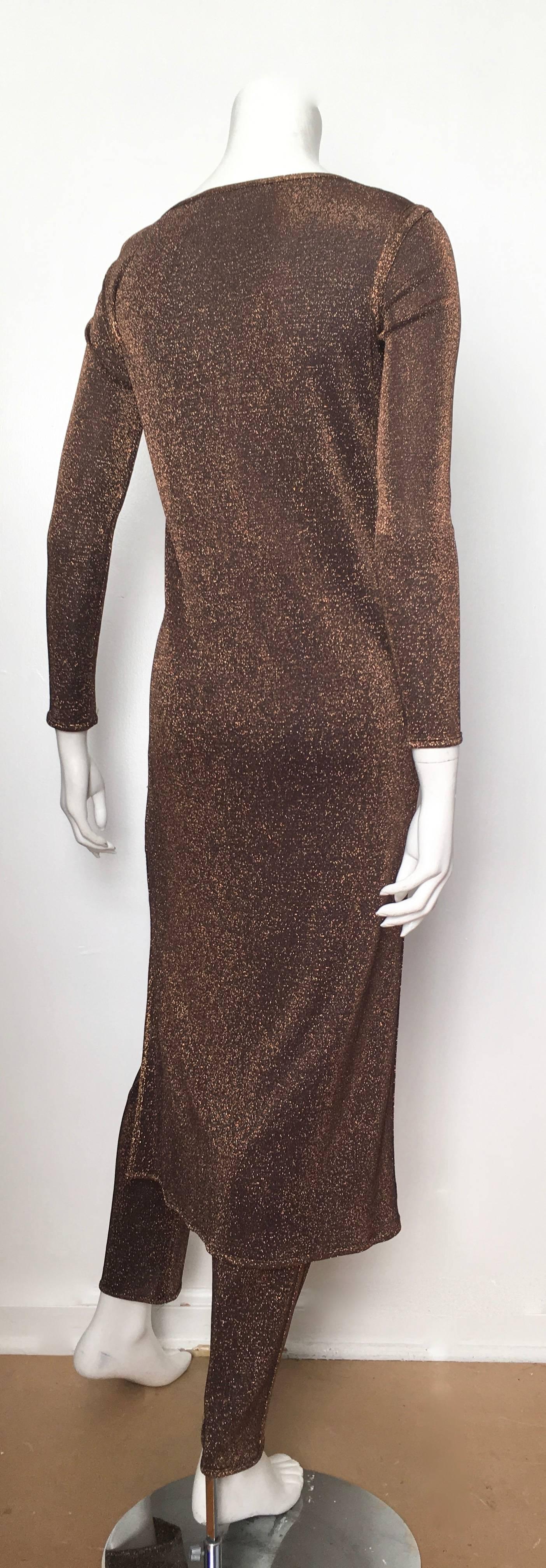 Brown Richard Assatly 1980s Copper Bronze Metallic Fabric Dress with Pants Size 4. For Sale