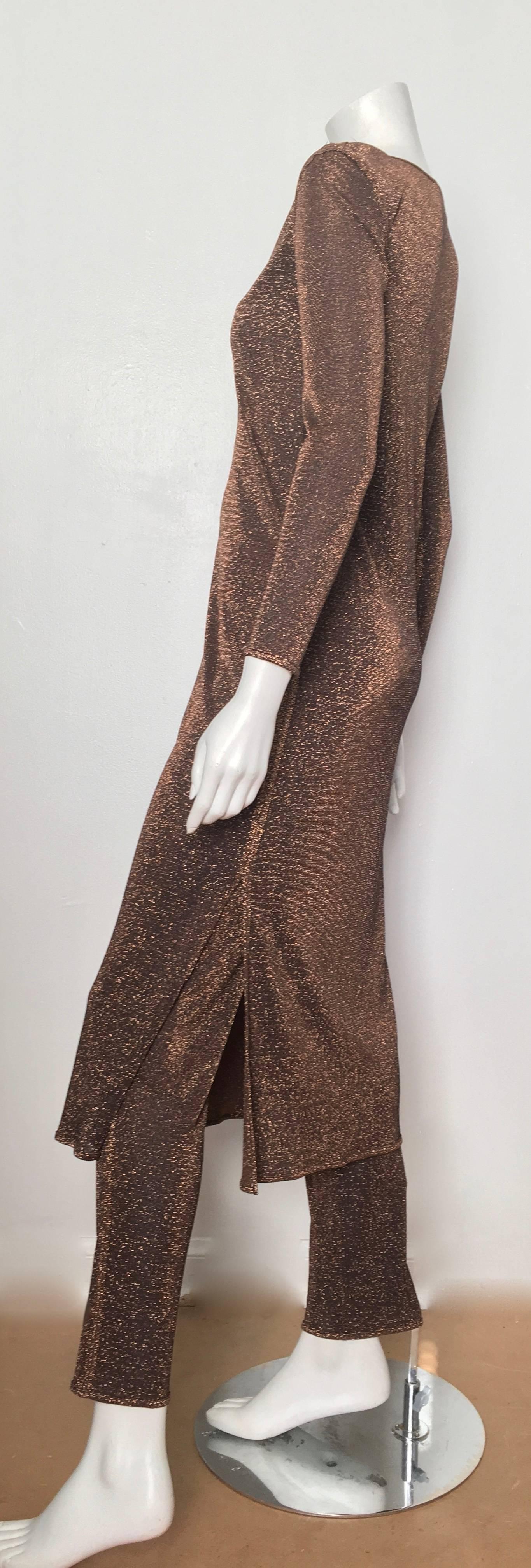 Richard Assatly 1980s Copper Bronze Metallic Fabric Dress with Pants Size 4. In Excellent Condition For Sale In Atlanta, GA