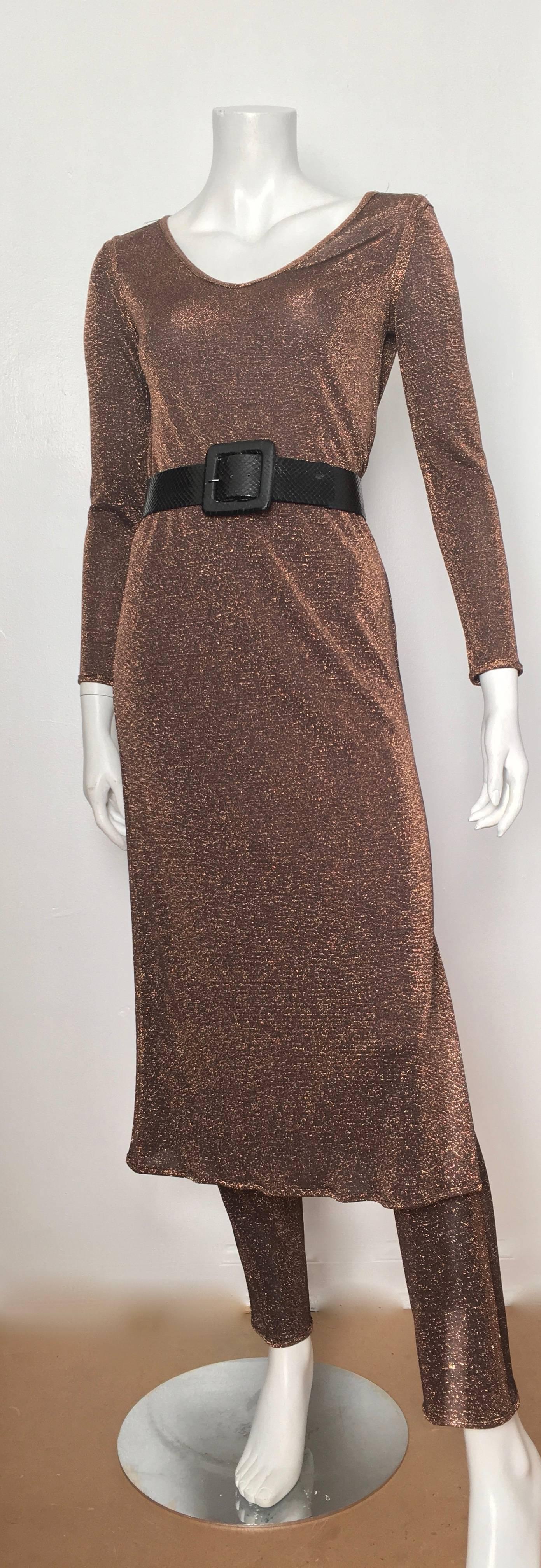 Women's or Men's Richard Assatly 1980s Copper Bronze Metallic Fabric Dress with Pants Size 4. For Sale