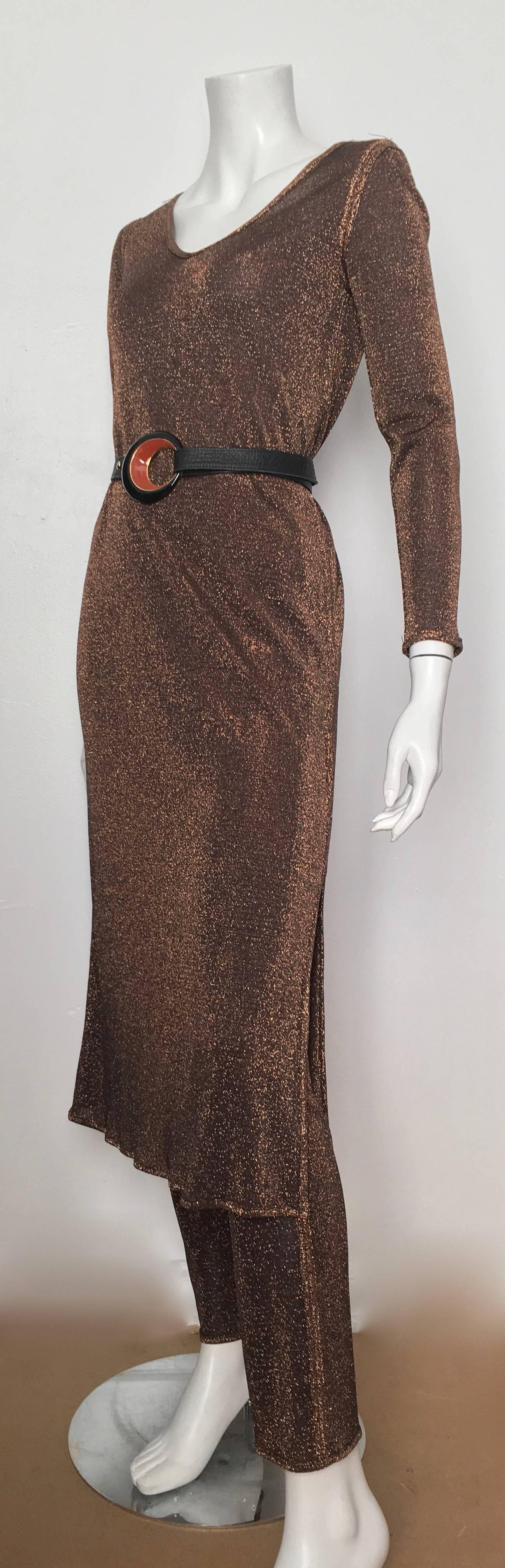 Richard Assatly 1980s Copper Bronze Metallic Fabric Dress with Pants Size 4. For Sale 3