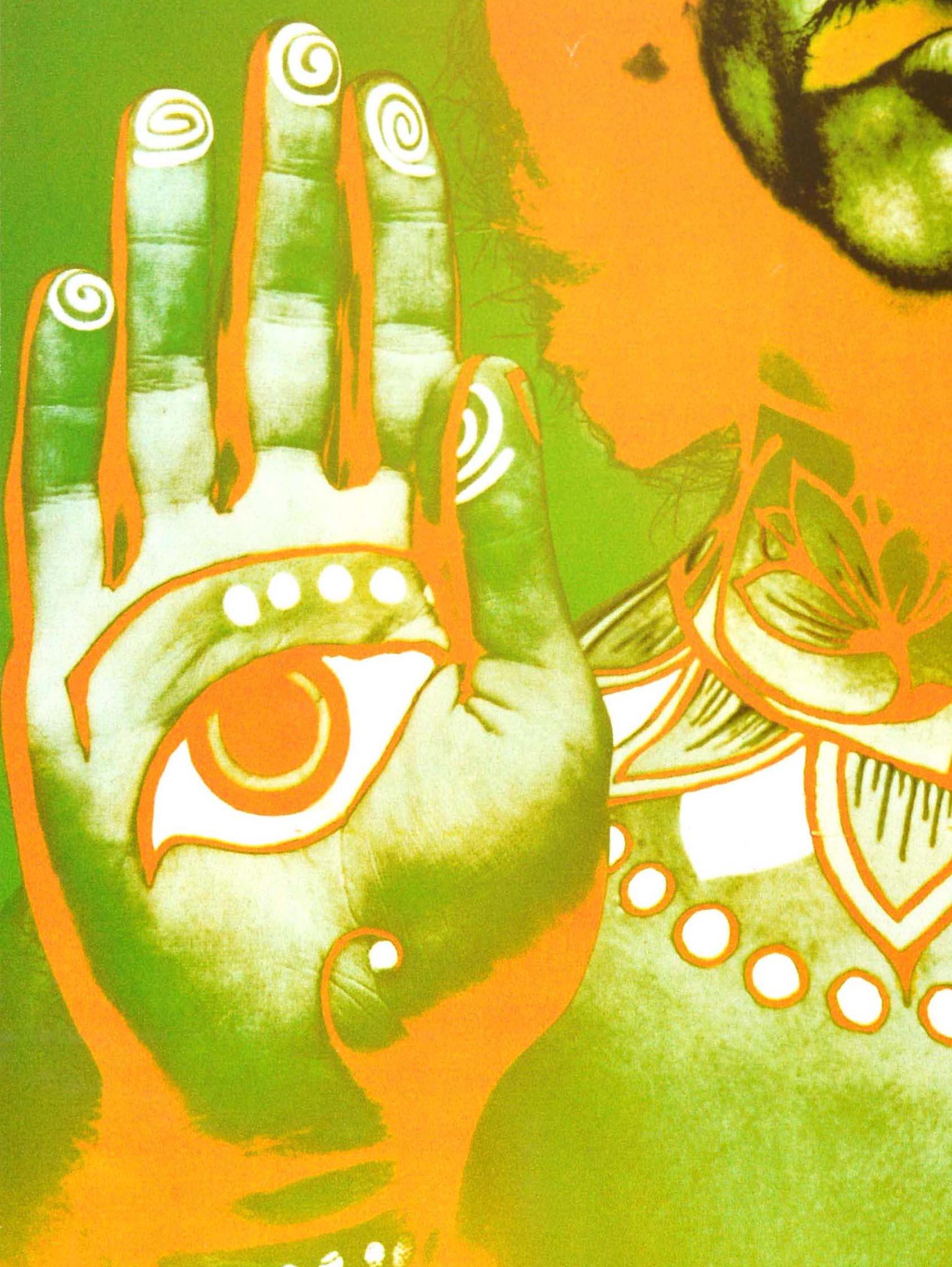 Affiche publicitaire originale de musique vintage présentant une photo colorée et psychédélique utilisant une nouvelle technique de solarisation du photographe américain Richard Avedon (1923-2004) du musicien et auteur-compositeur-interprète des